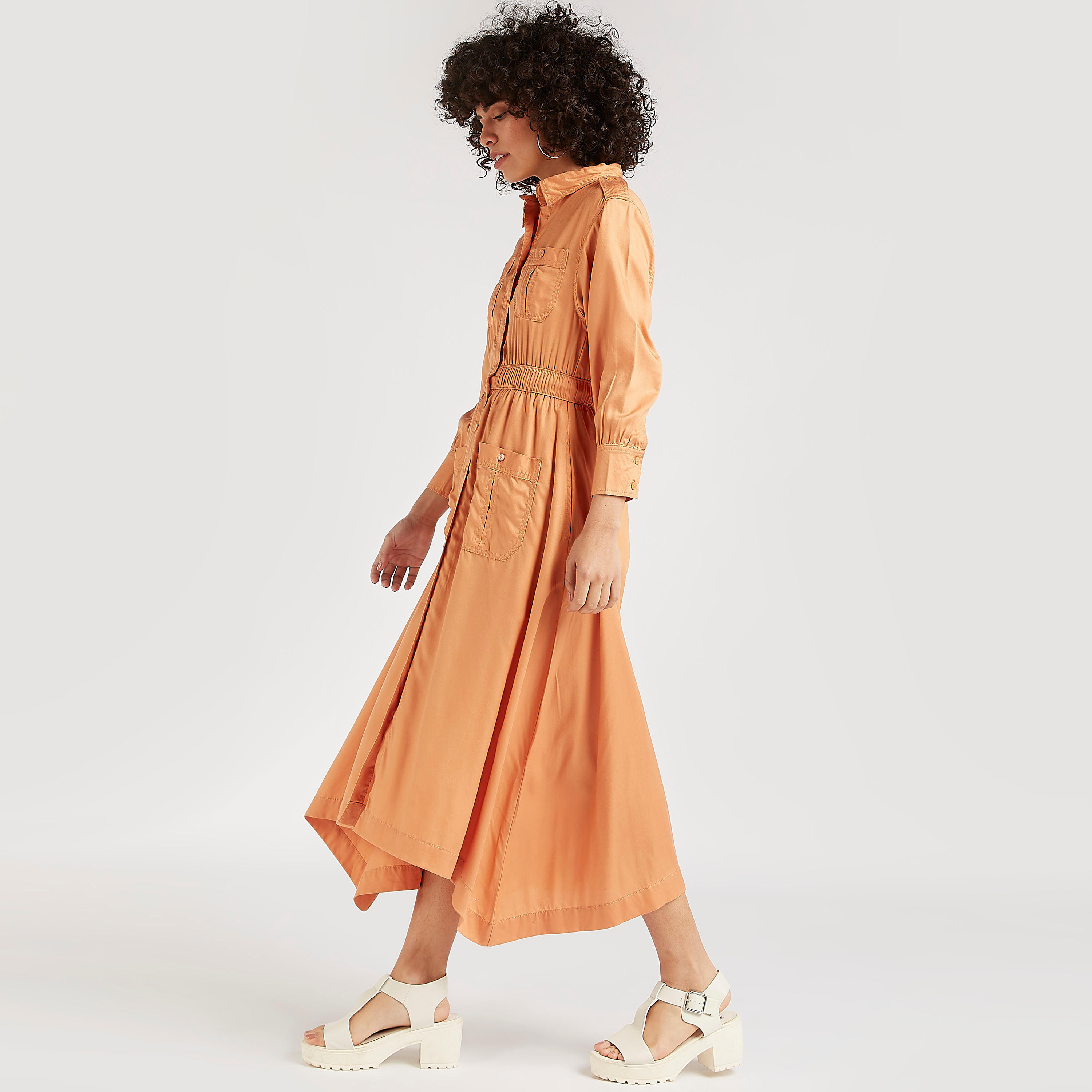 فستان قميص سادة بخصر مطاطي-women-clothing-dresses-image-2