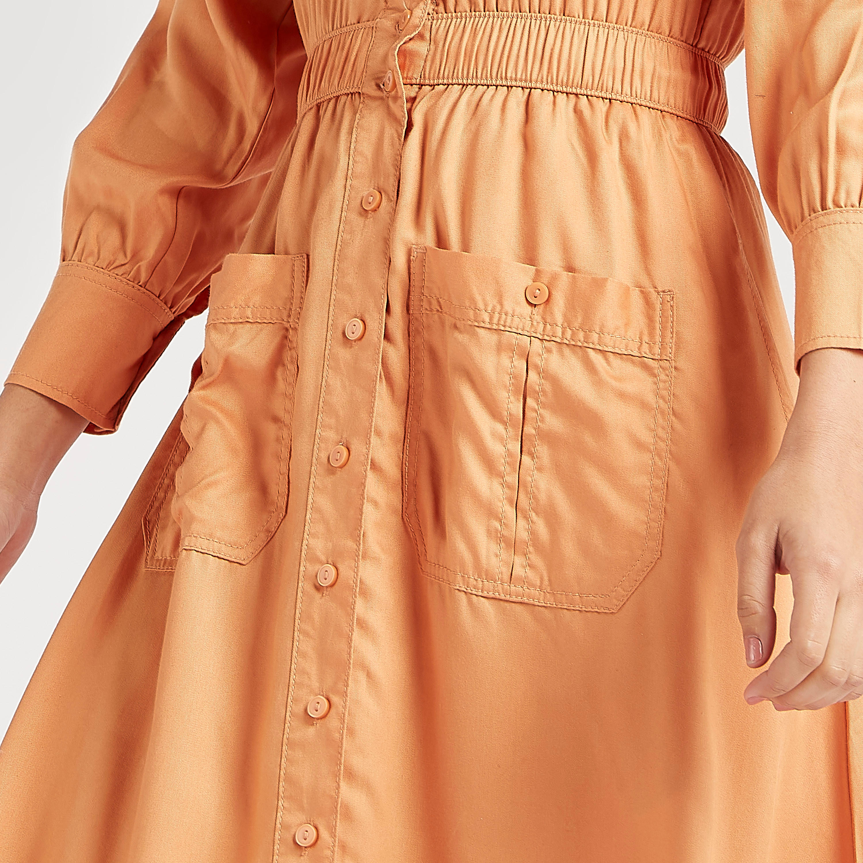 فستان قميص سادة بخصر مطاطي-women-clothing-dresses-image-1