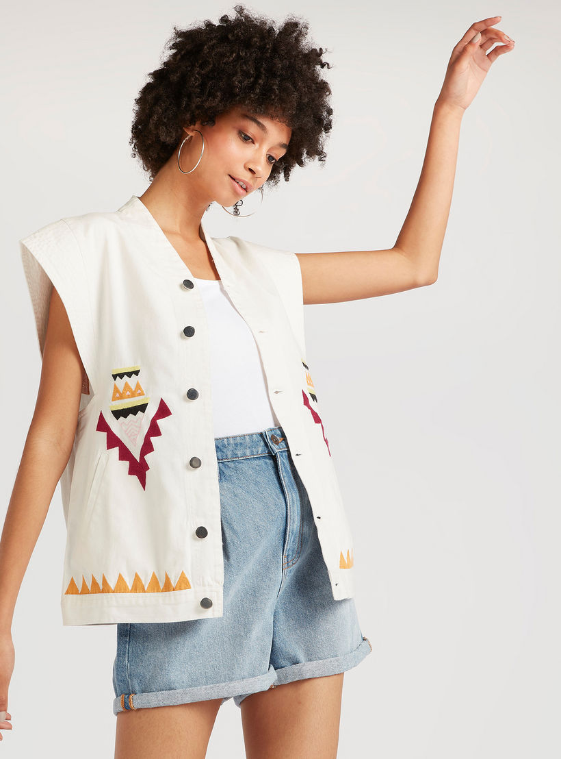 Lee Cooper Embroidered Denim Jacket with Button Closure-women-winterwear-coatsandjackets-jackets-image-1