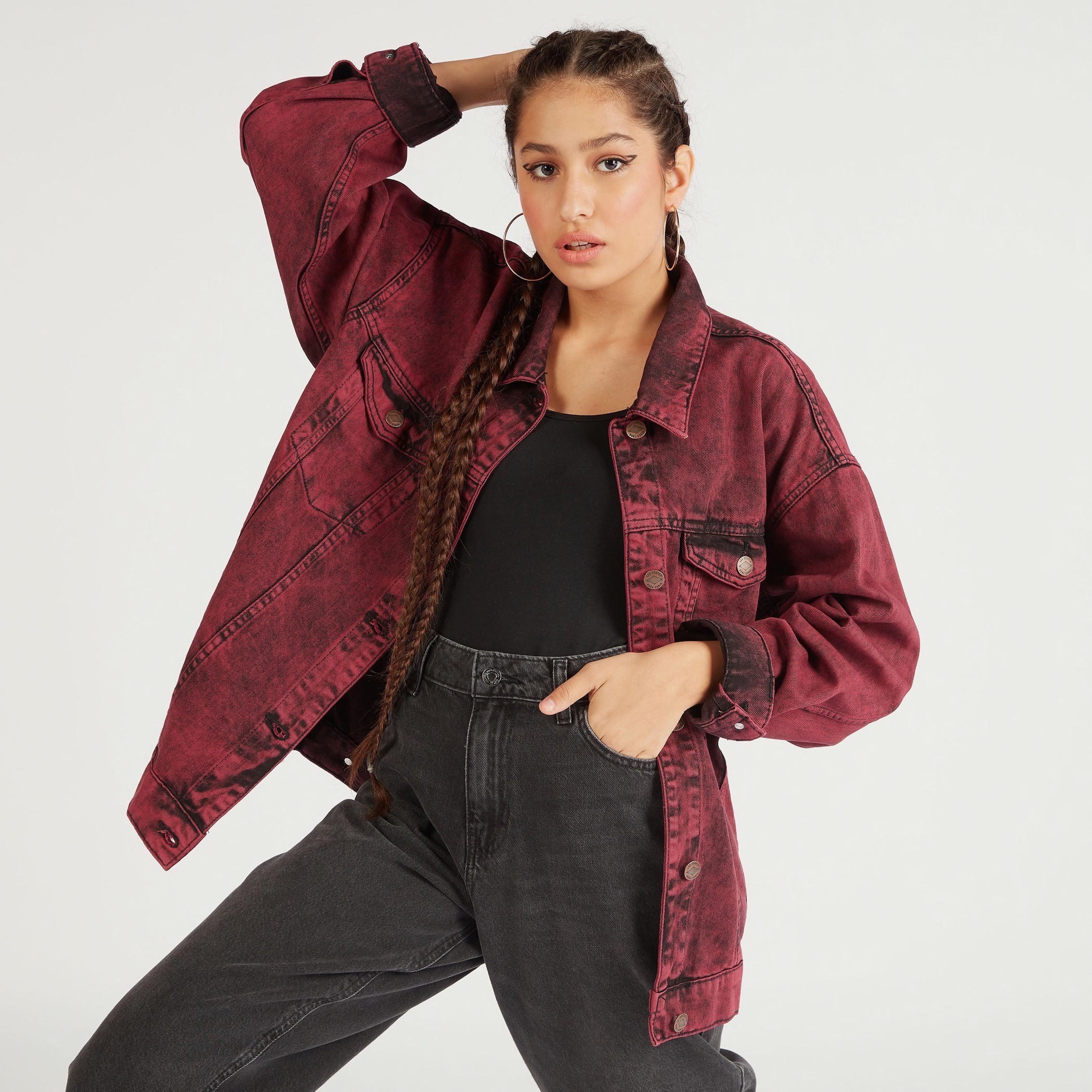 Lee Cooper Oversized Denim Jacket with Long Sleeves-women-winterwear-coatsandjackets-jackets-image-1