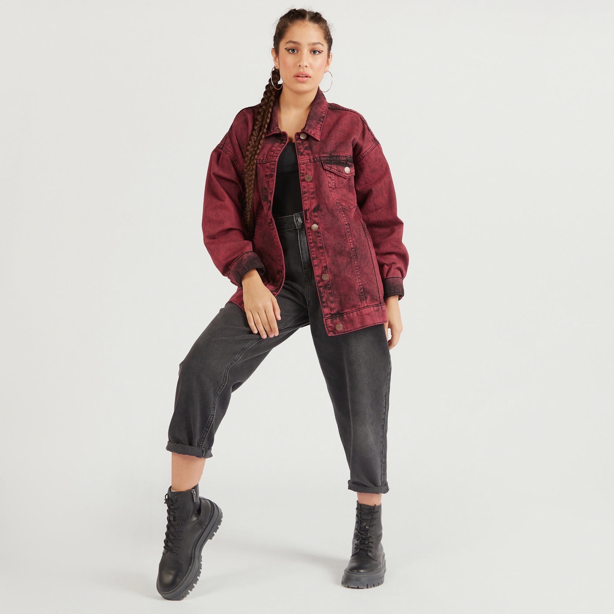 Lee Cooper Oversized Denim Jacket with Long Sleeves-women-winterwear-coatsandjackets-jackets-image-2