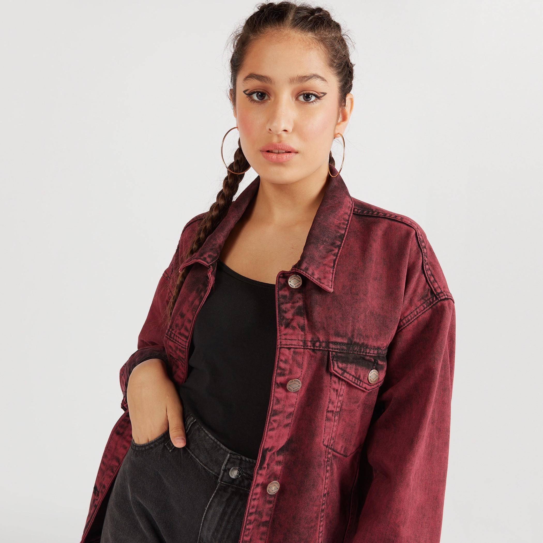 Lee Cooper Oversized Denim Jacket with Long Sleeves-women-winterwear-coatsandjackets-jackets-image-5