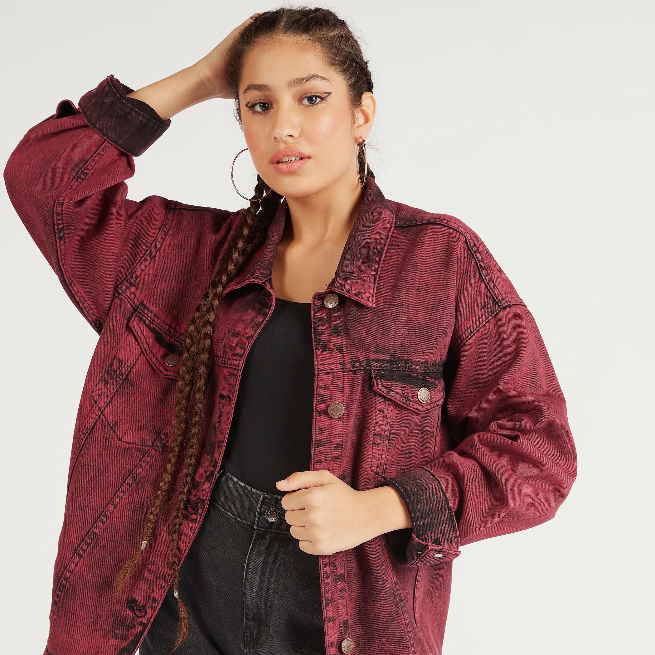 Lee Cooper Oversized Denim Jacket with Long Sleeves-women-winterwear-coatsandjackets-jackets-image-8