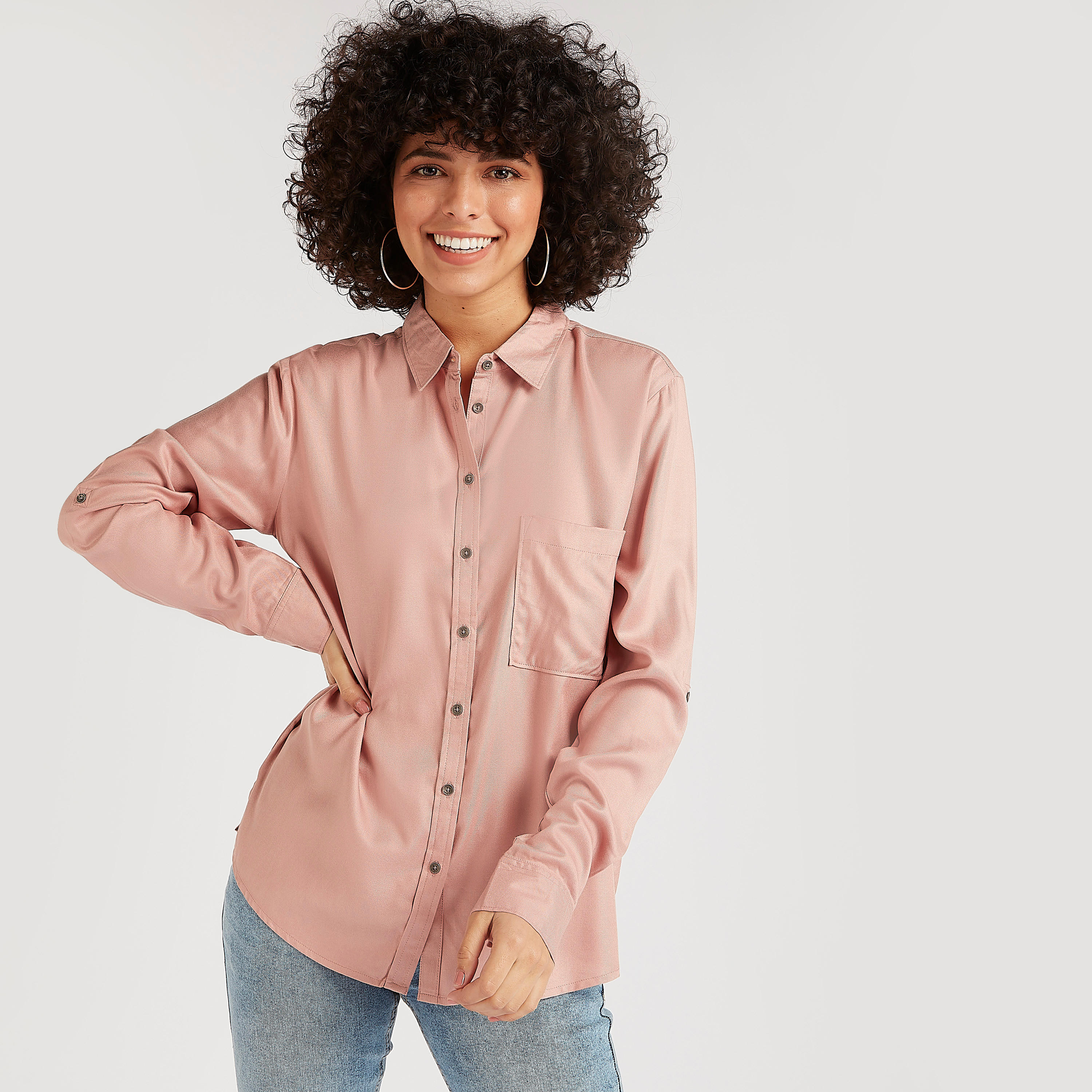 قميص سادة بأكمام طويلة وجيب من لي كوبر-women-clothing-shirtsandblouses-shirts-image-7