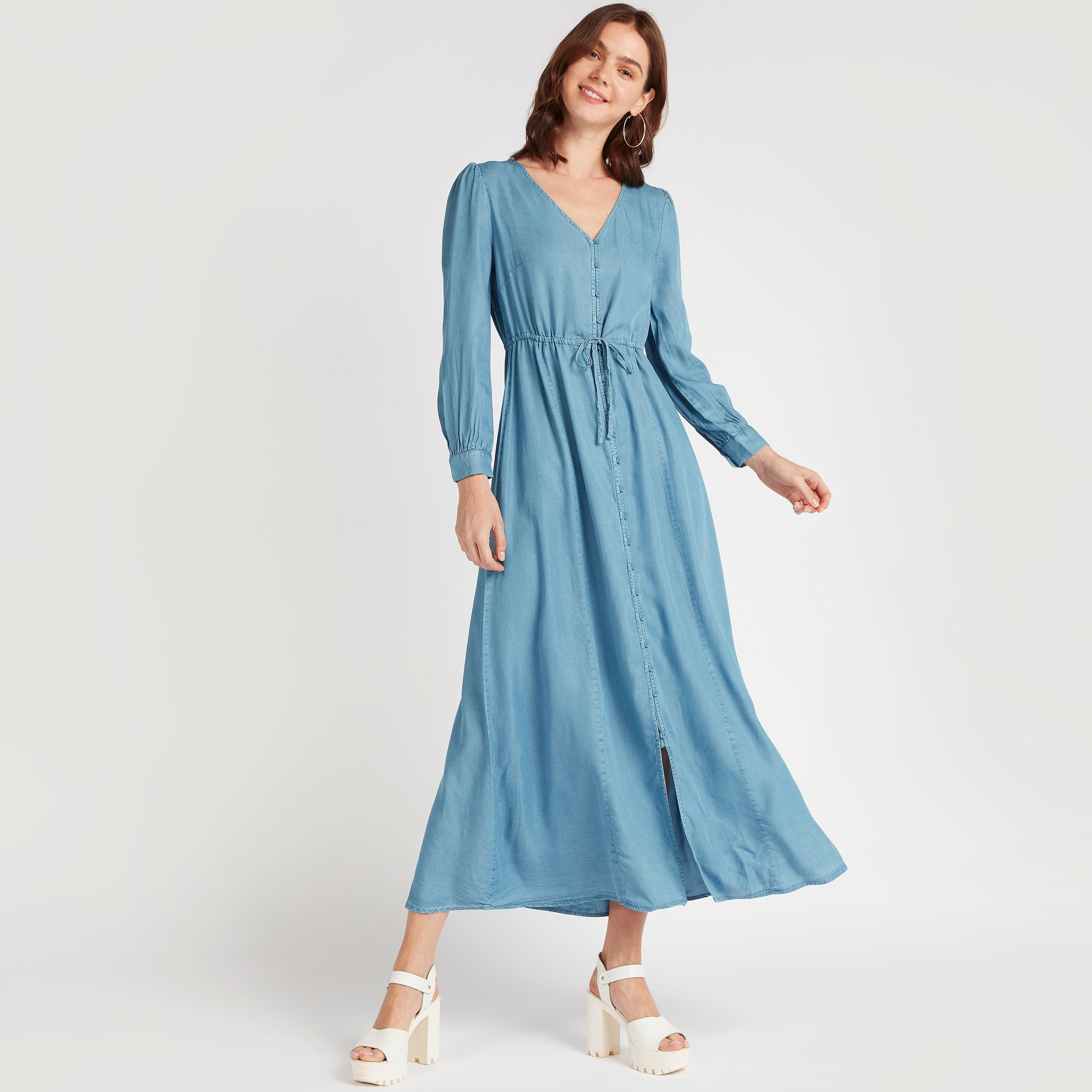 فستان دنيم طويل إيه لاين بأكمام طويلة من لي كوبر-women-clothing-dresses-image-2