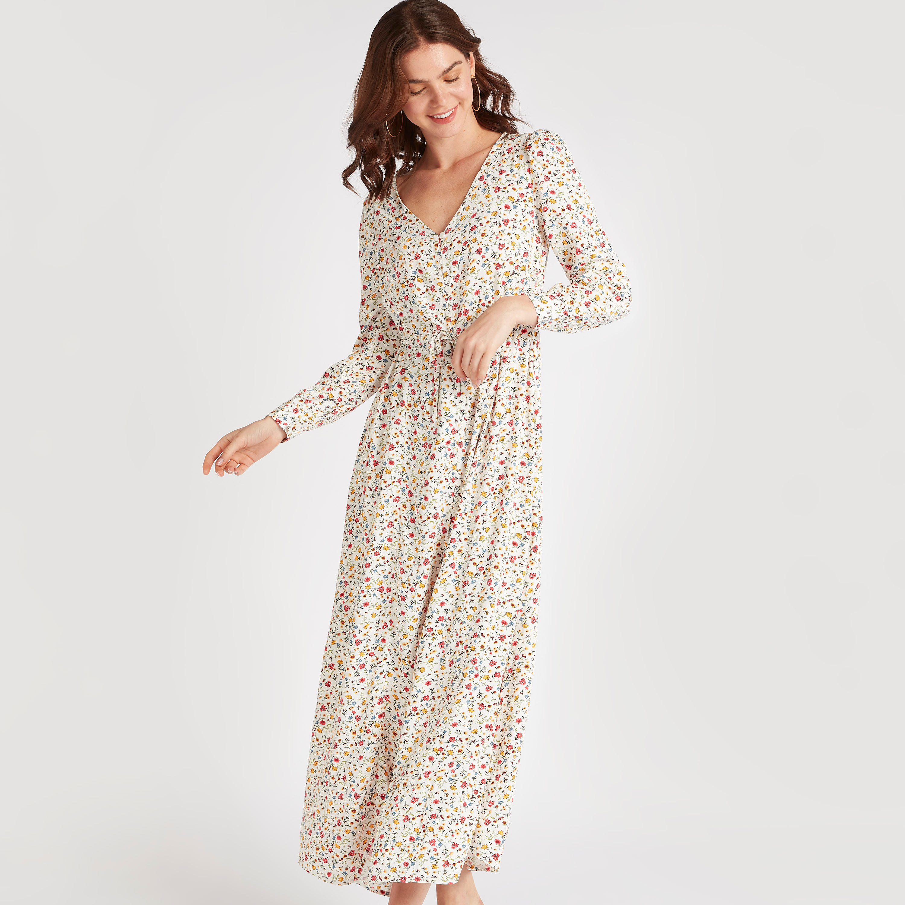 فستان طويل إيه لاين بطبعات أزهار وأربطة من لي كوبر-women-clothing-dresses-image-1