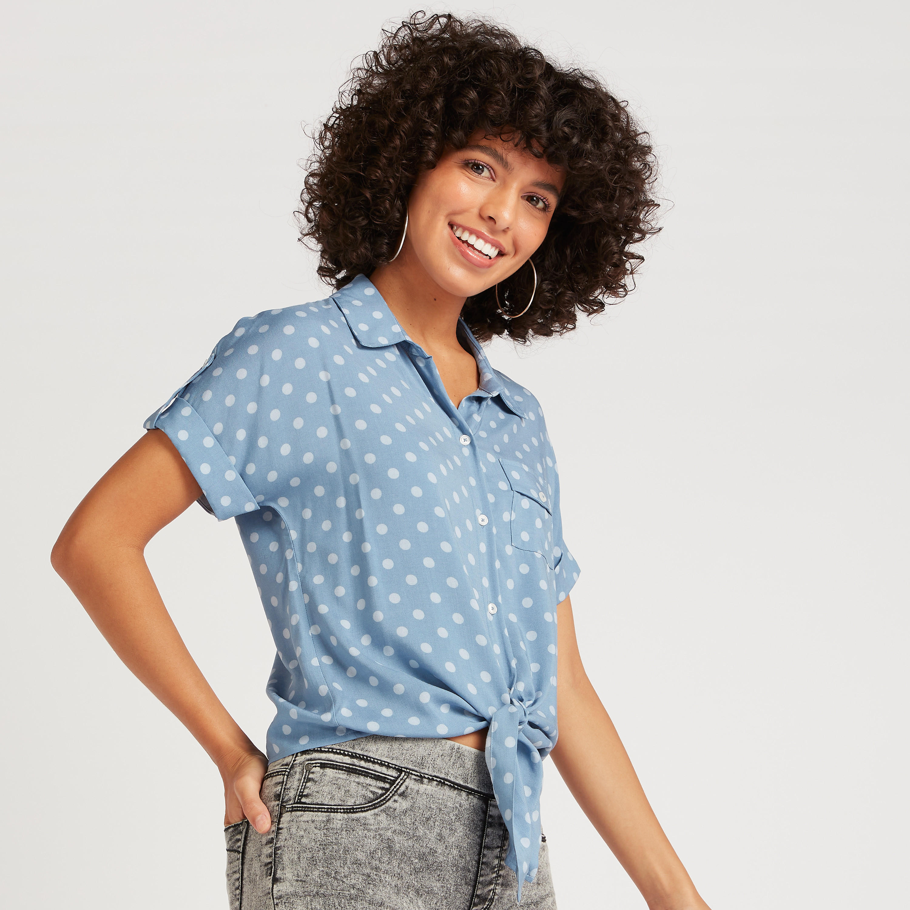 Lee Cooper Polka Dot Print Shirt with Tie-Up Accent-women-clothing-shirtsandblouses-shirts-image-1