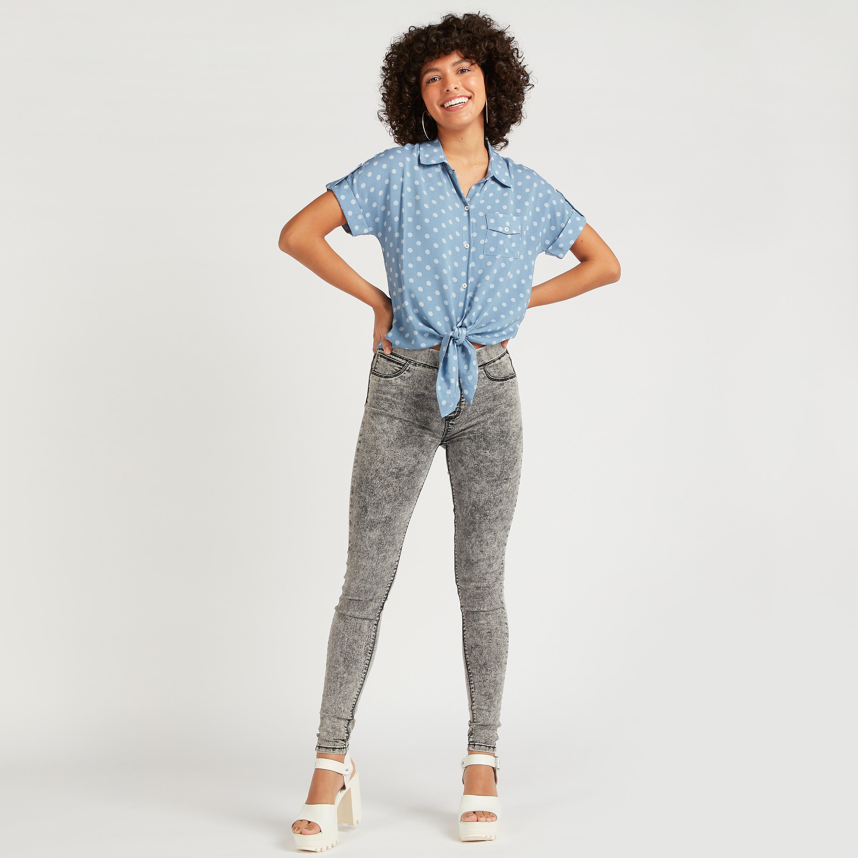 Lee Cooper Polka Dot Print Shirt with Tie-Up Accent-women-clothing-shirtsandblouses-shirts-image-2