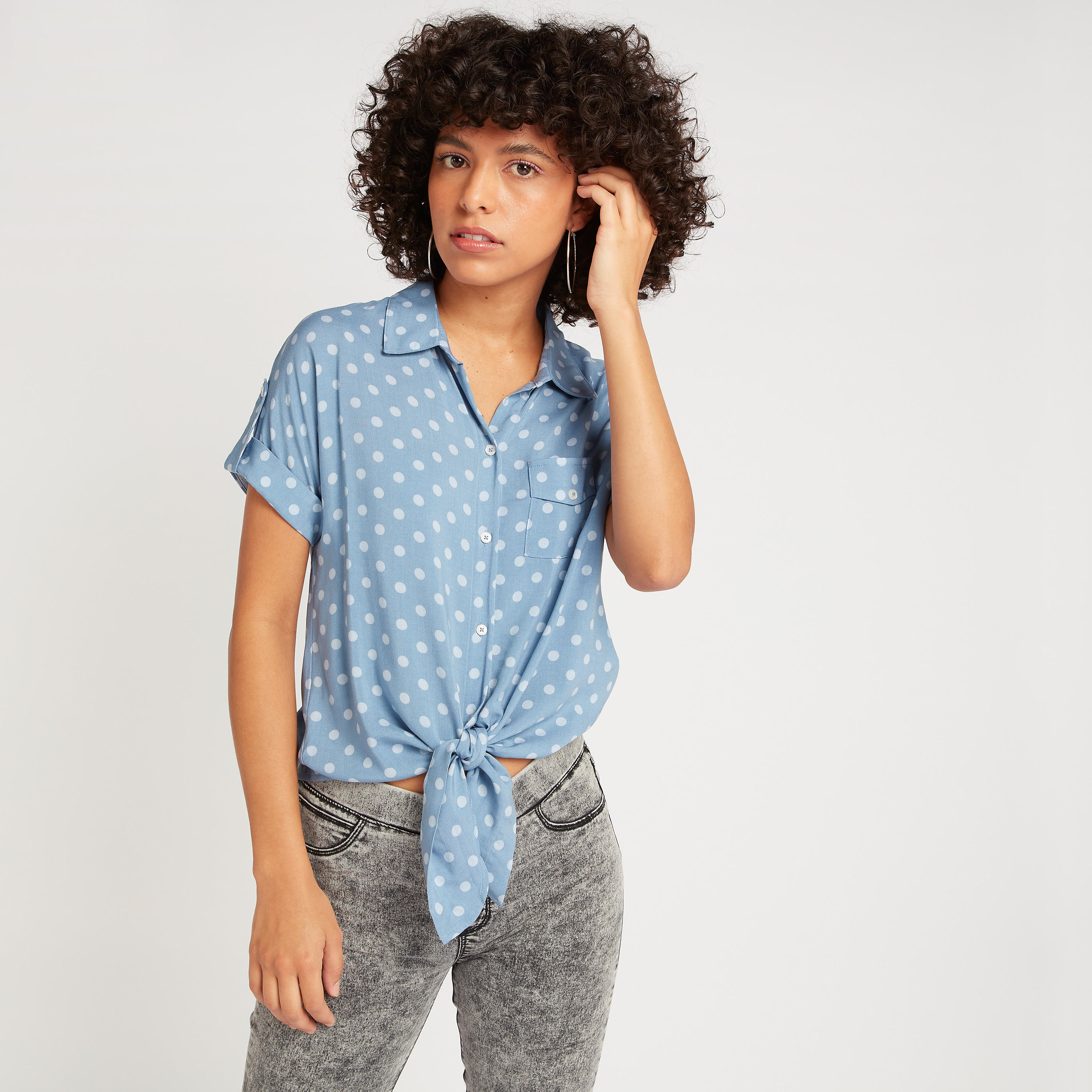 Lee Cooper Polka Dot Print Shirt with Tie-Up Accent-women-clothing-shirtsandblouses-shirts-image-5