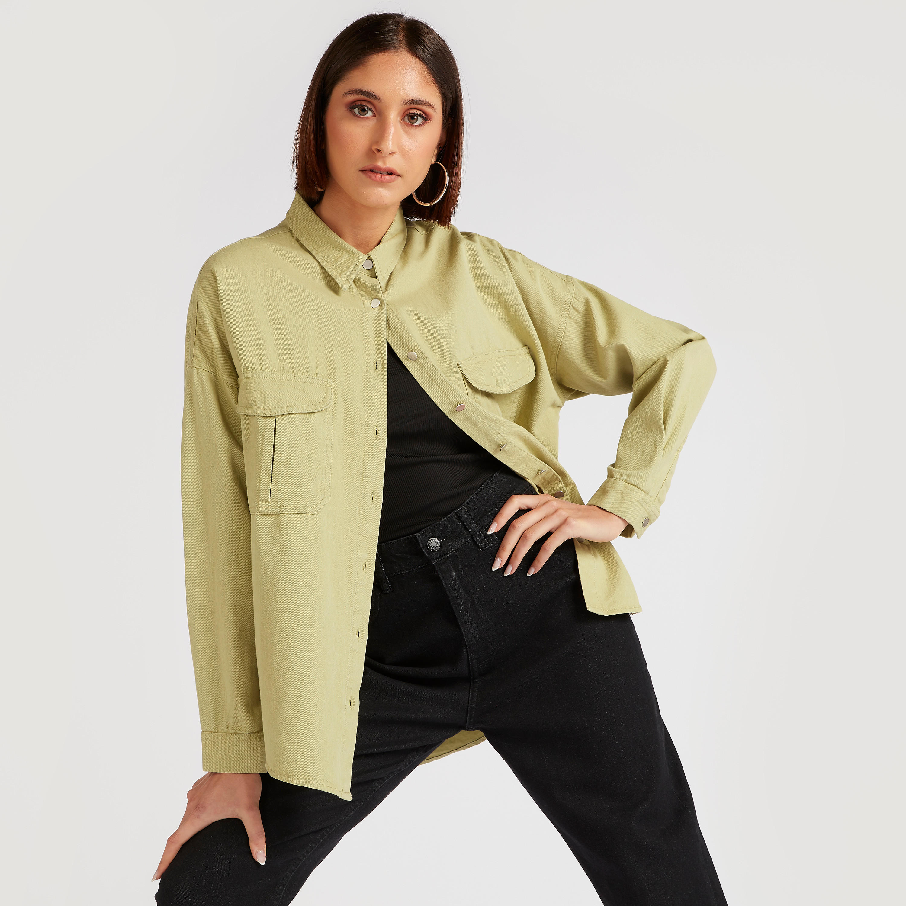 Lee Cooper Solid Shirt with Long Sleeves and Pockets-women-clothing-shirtsandblouses-shirts-image-1