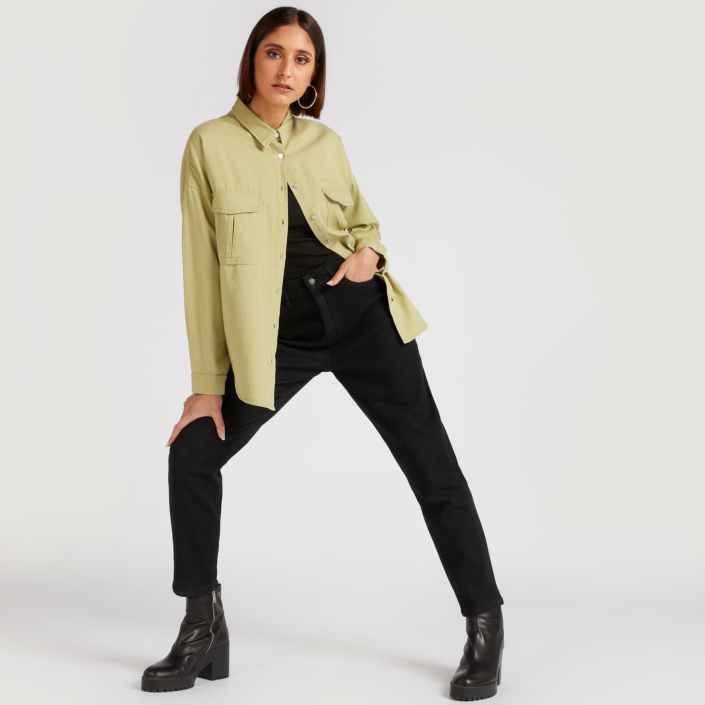 Lee Cooper Solid Shirt with Long Sleeves and Pockets-women-clothing-shirtsandblouses-shirts-image-2