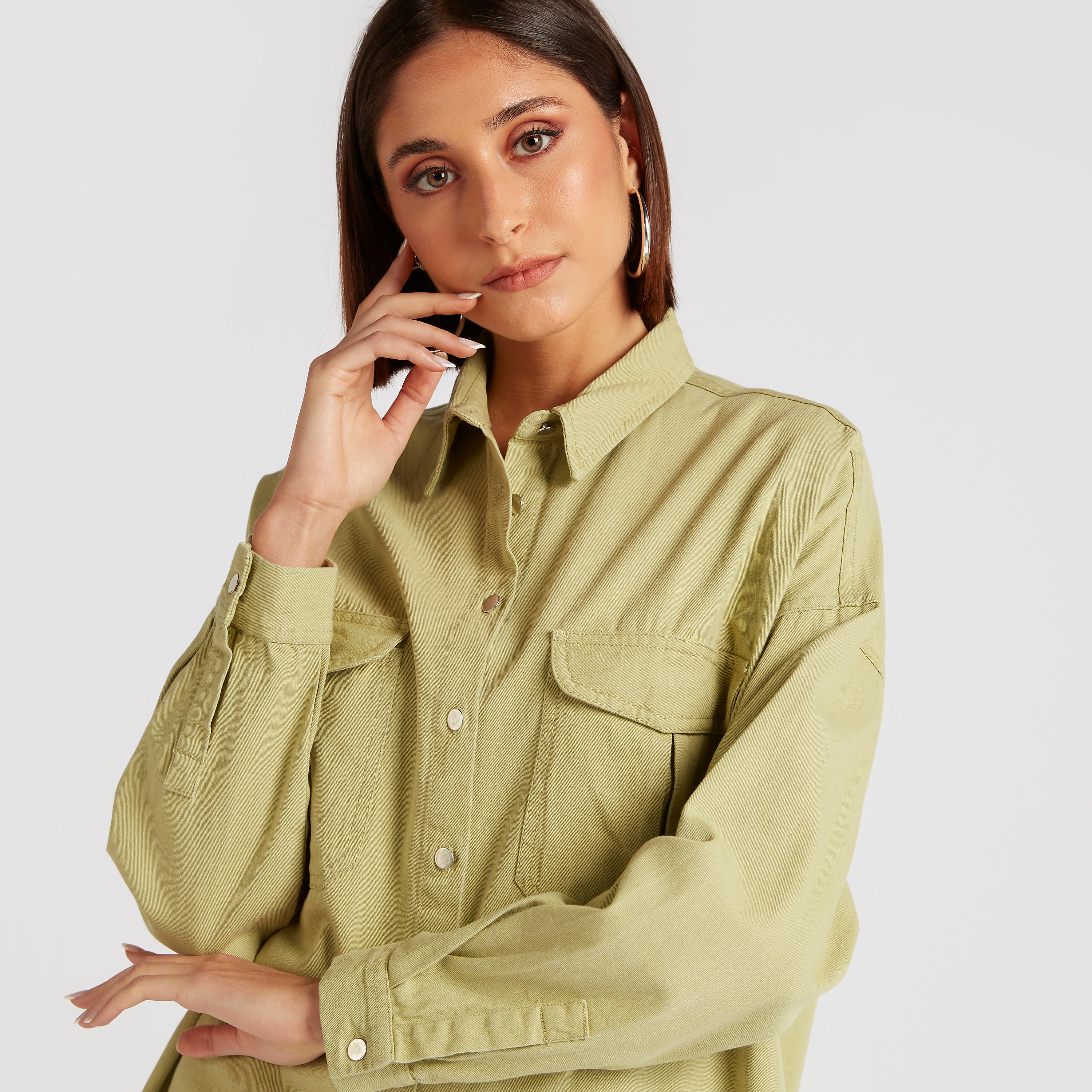 Lee Cooper Solid Shirt with Long Sleeves and Pockets-women-clothing-shirtsandblouses-shirts-image-3