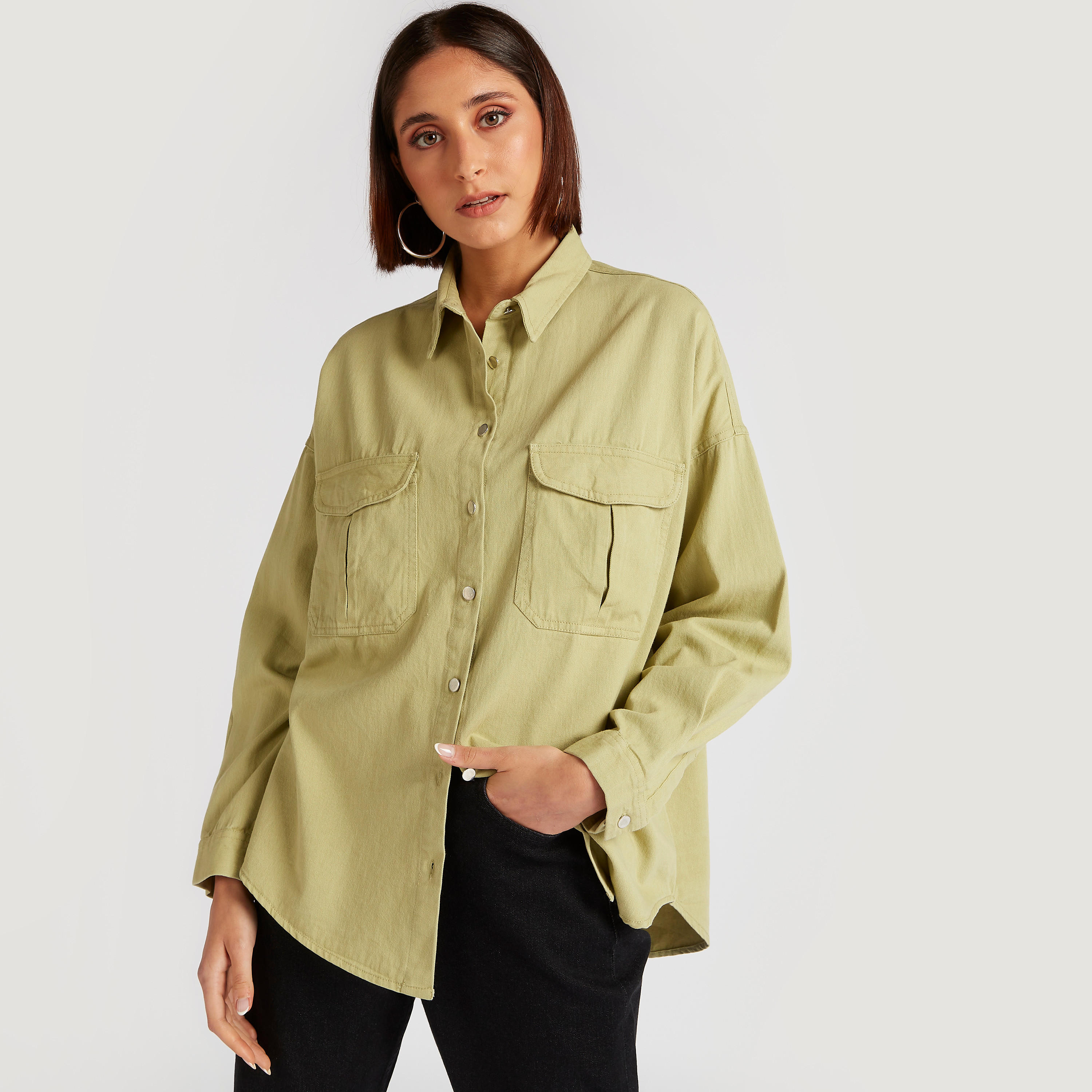 Lee Cooper Solid Shirt with Long Sleeves and Pockets-women-clothing-shirtsandblouses-shirts-image-5