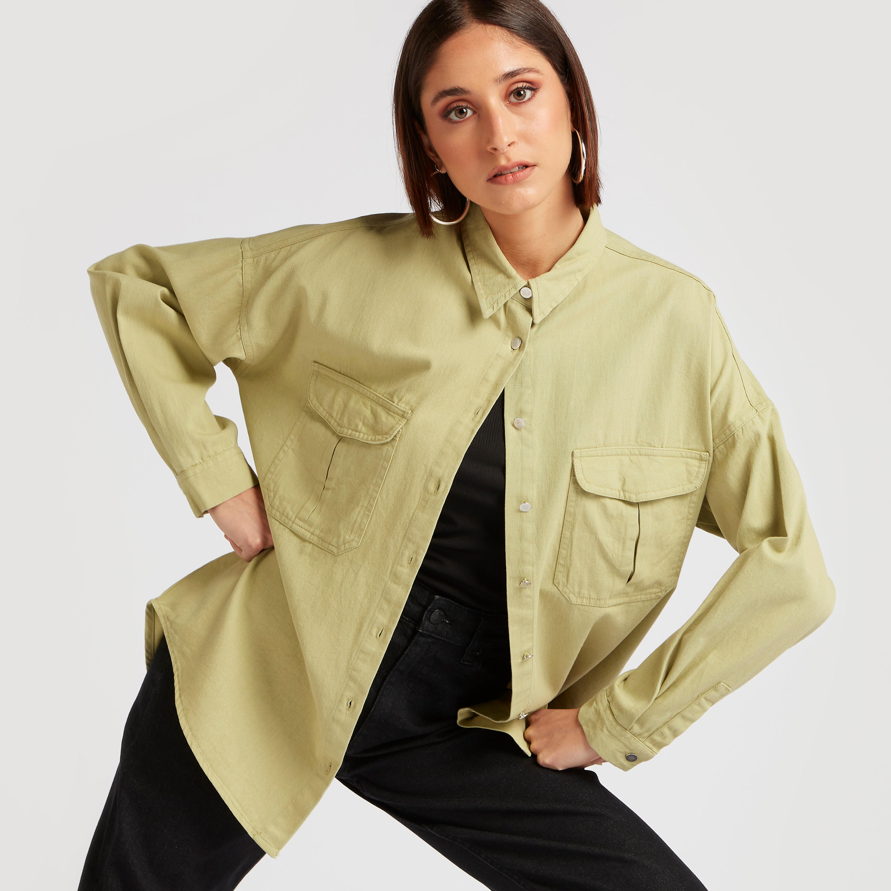 Lee Cooper Solid Shirt with Long Sleeves and Pockets-women-clothing-shirtsandblouses-shirts-image-6