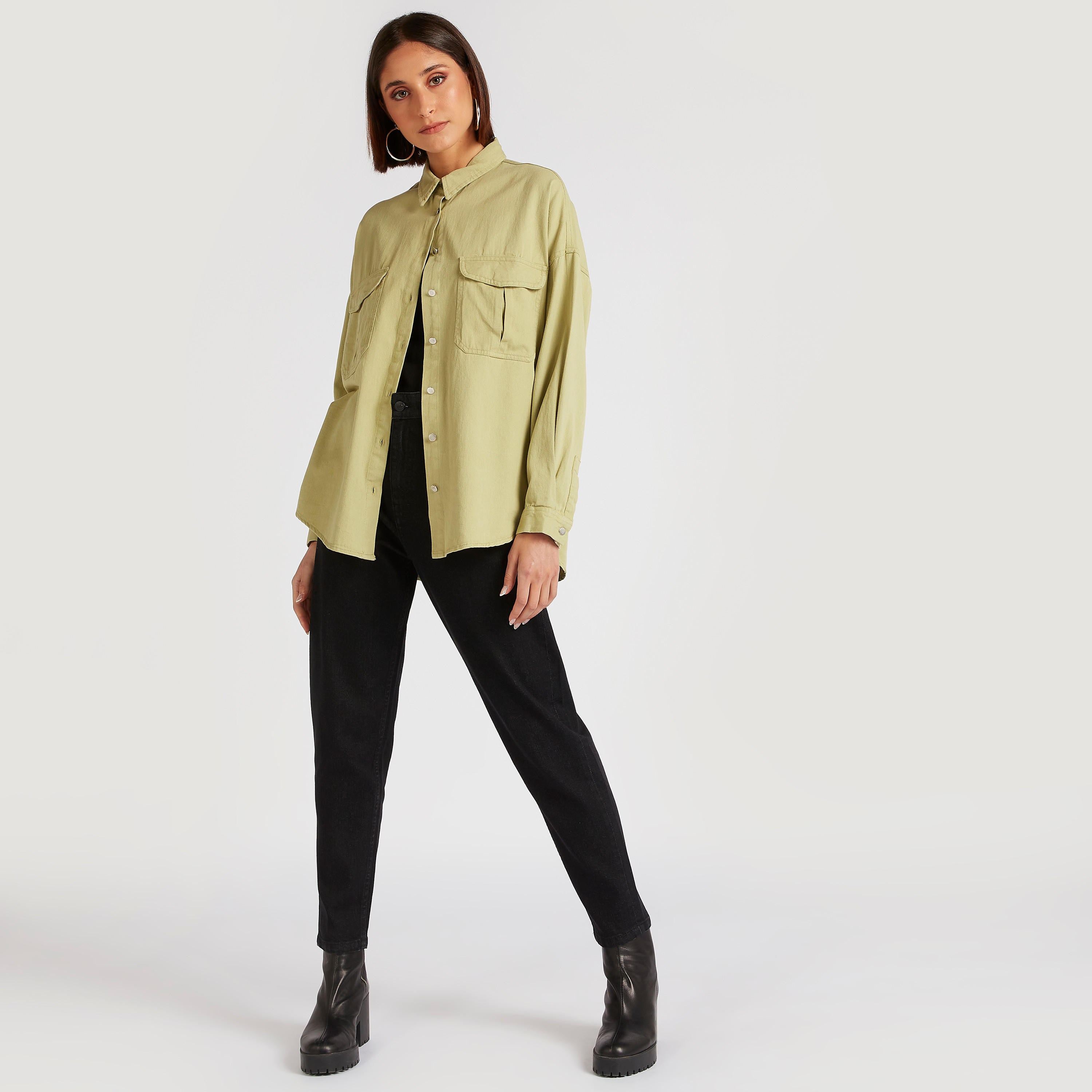 Lee Cooper Solid Shirt with Long Sleeves and Pockets-women-clothing-shirtsandblouses-shirts-image-7