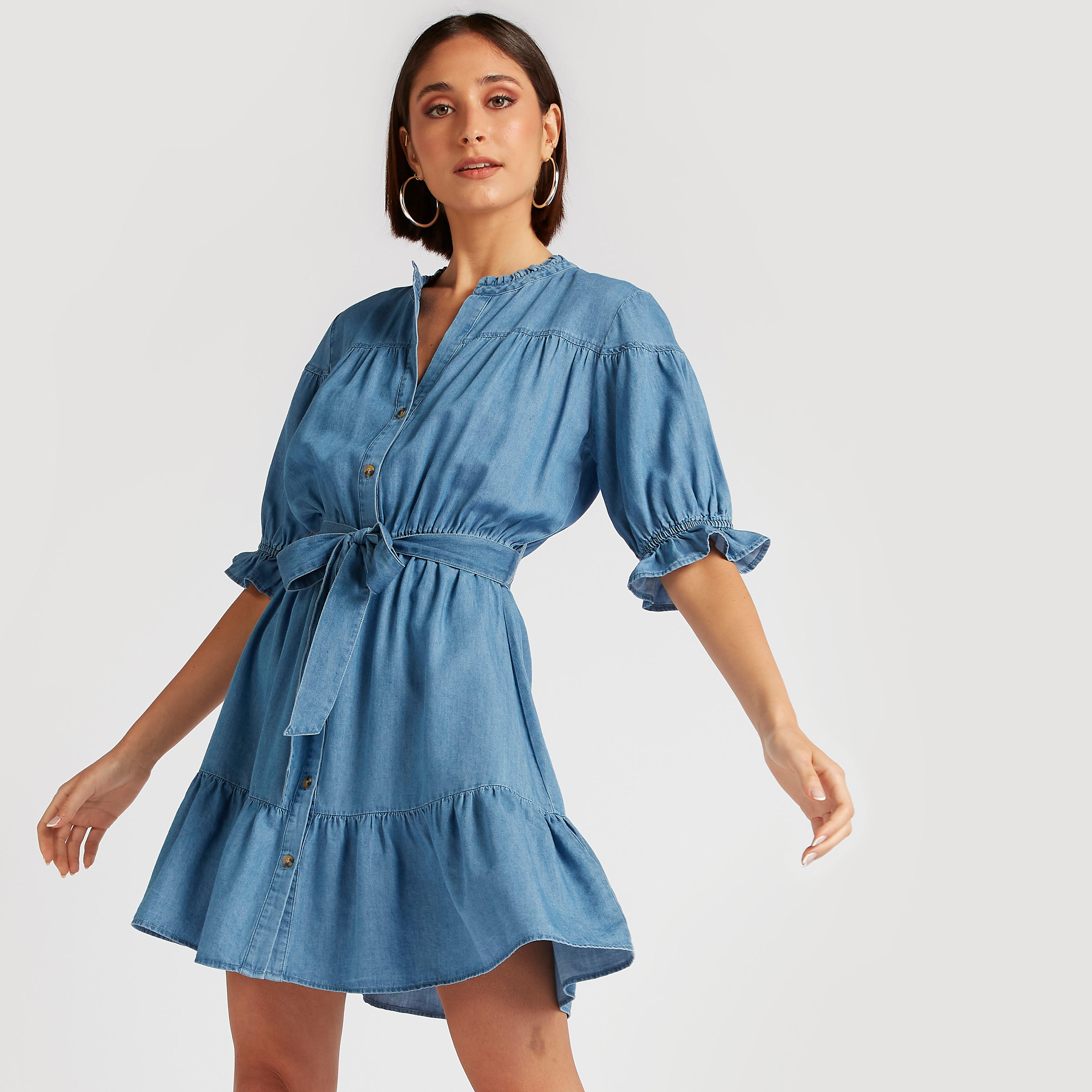 Lee Cooper Mini A-line Dress with Belt Tie-Up-women-clothing-dresses-image-1