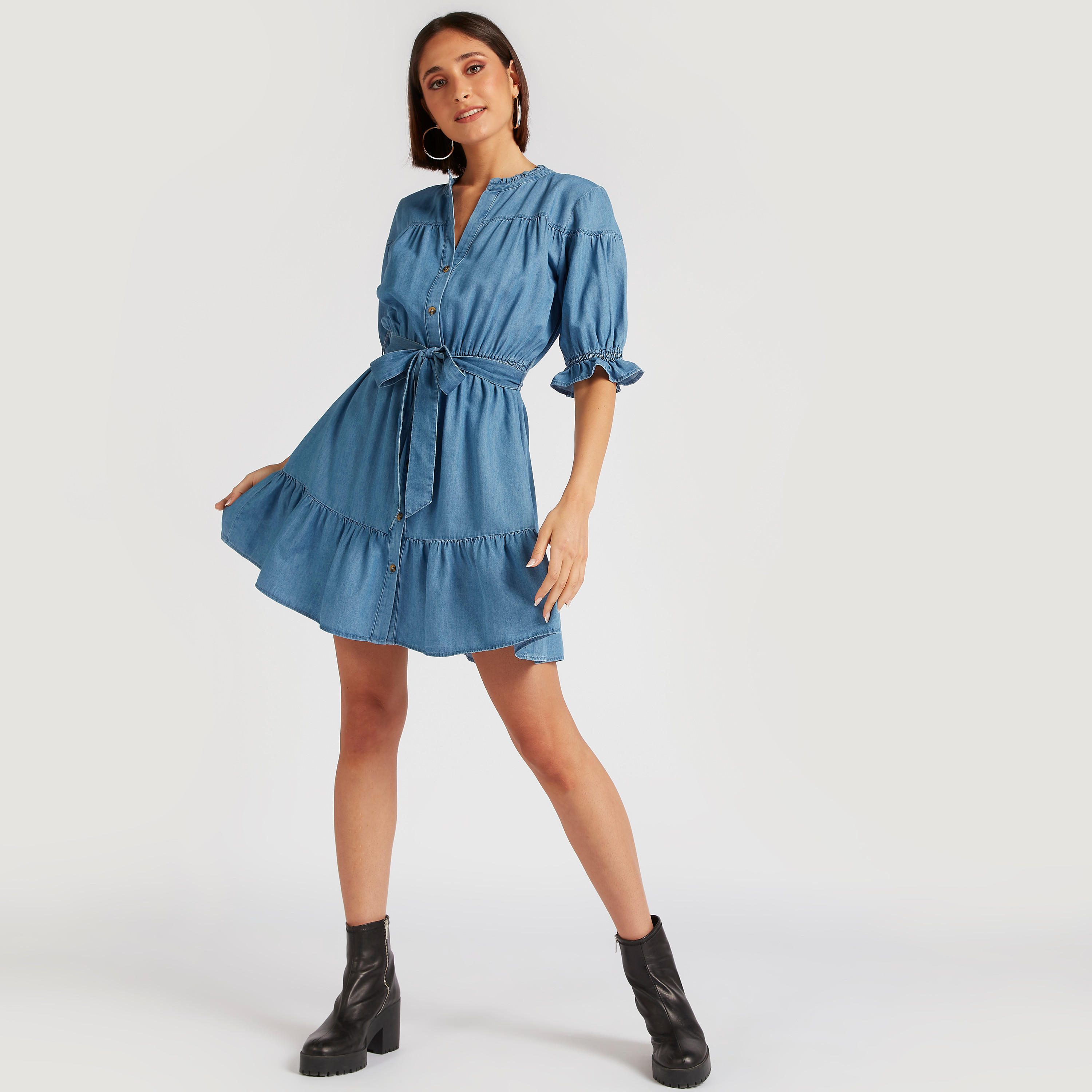Lee Cooper Mini A-line Dress with Belt Tie-Up-women-clothing-dresses-image-2
