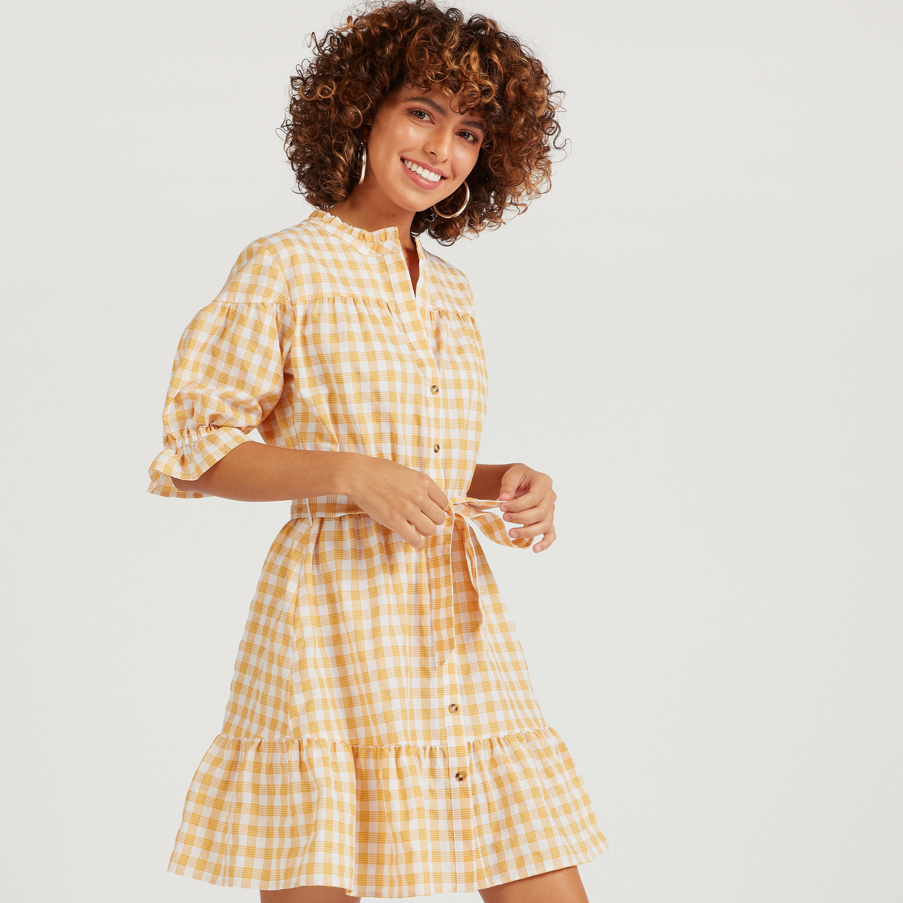 فستان قصير إيه لاين كاروهات برباط حزام من لي كوبر-women-clothing-dresses-image-1