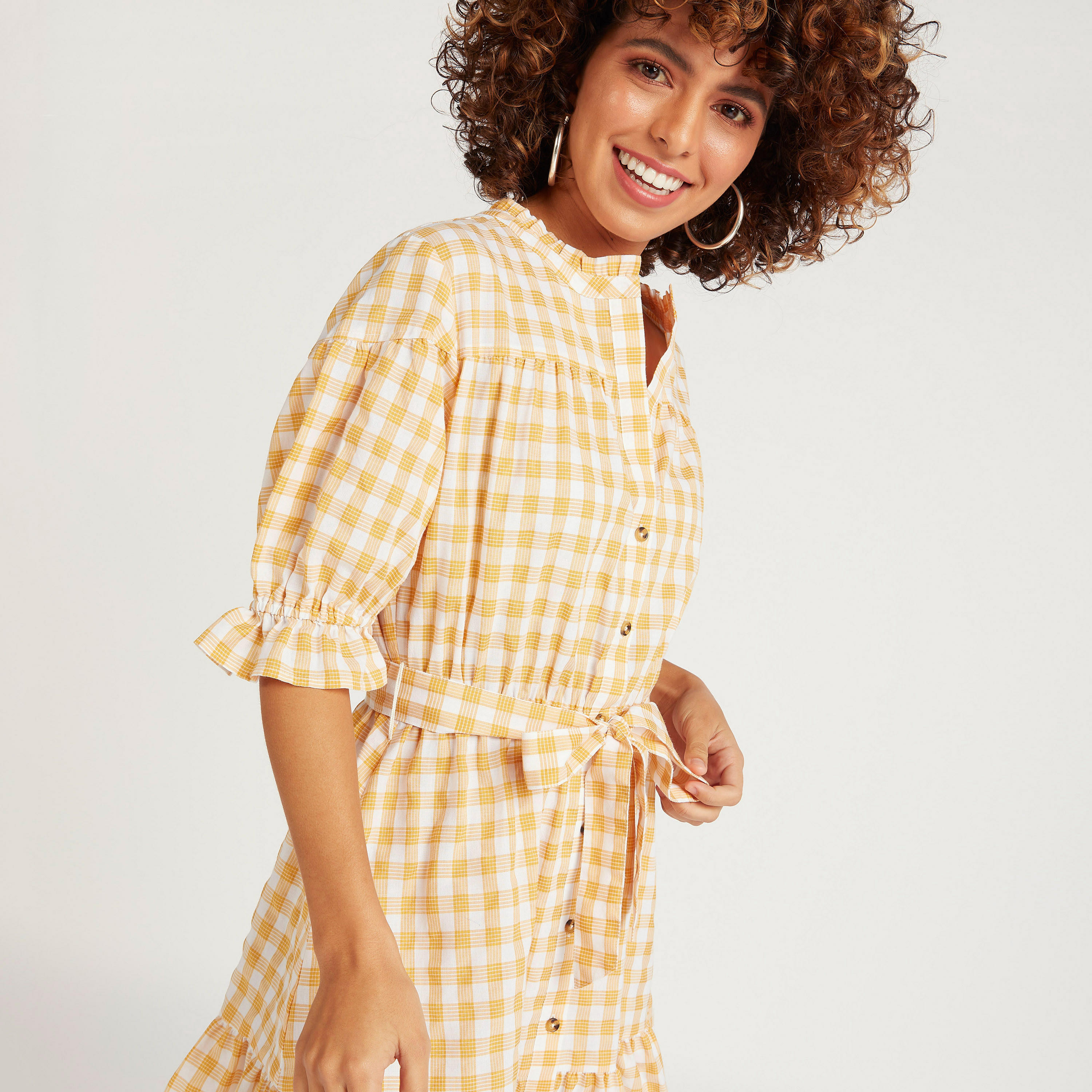 فستان قصير إيه لاين كاروهات برباط حزام من لي كوبر-women-clothing-dresses-image-6