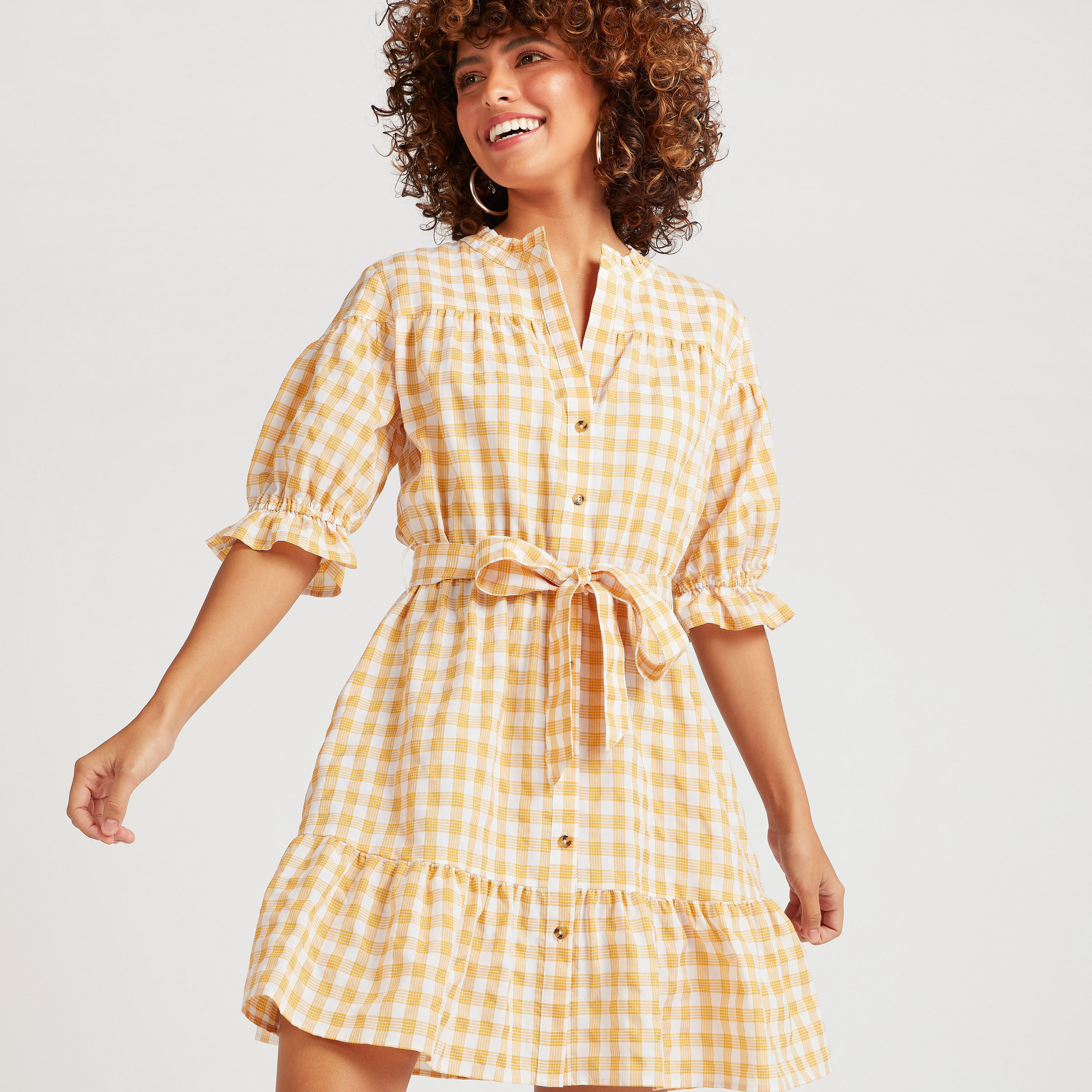 فستان قصير إيه لاين كاروهات برباط حزام من لي كوبر-women-clothing-dresses-image-7