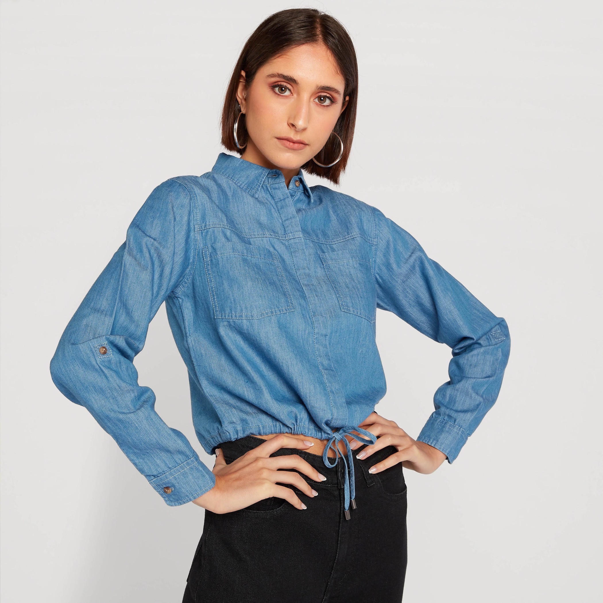 قميص سادة بجيوب وأربطة من لي كوبر-women-clothing-shirtsandblouses-shirts-image-5