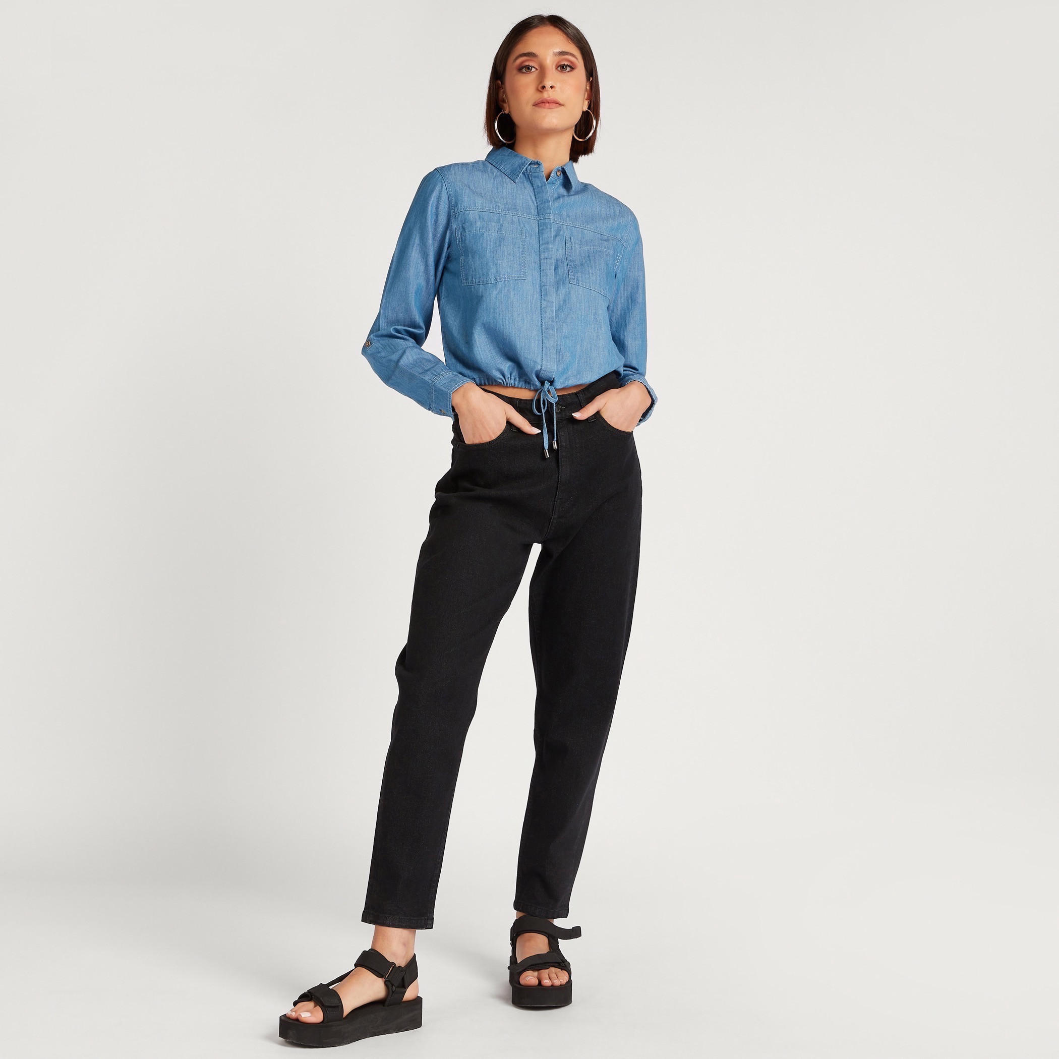 قميص سادة بجيوب وأربطة من لي كوبر-women-clothing-shirtsandblouses-shirts-image-4
