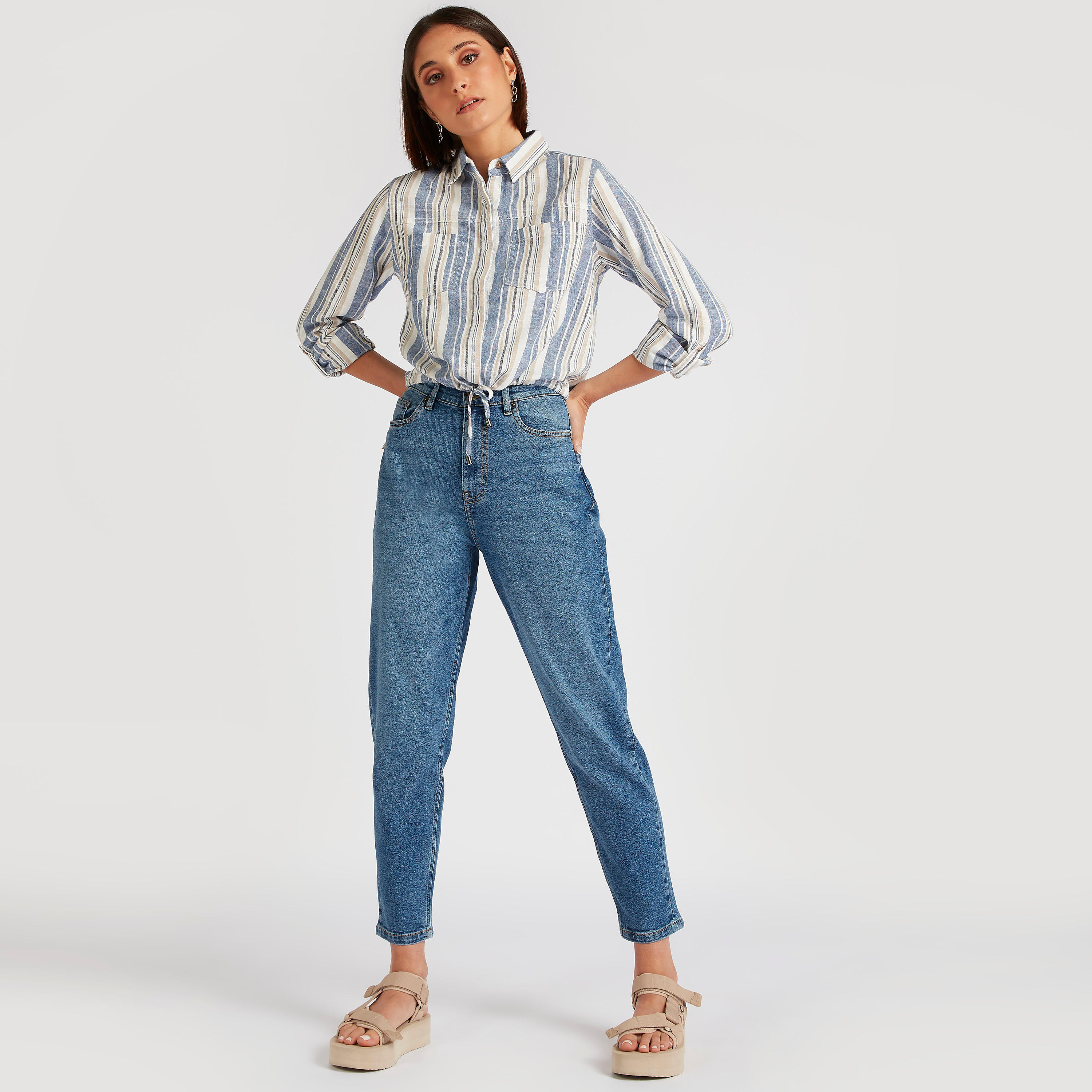 قميص مخطط بجيوب وأربطة من لي كوبر-women-clothing-shirtsandblouses-shirts-image-5