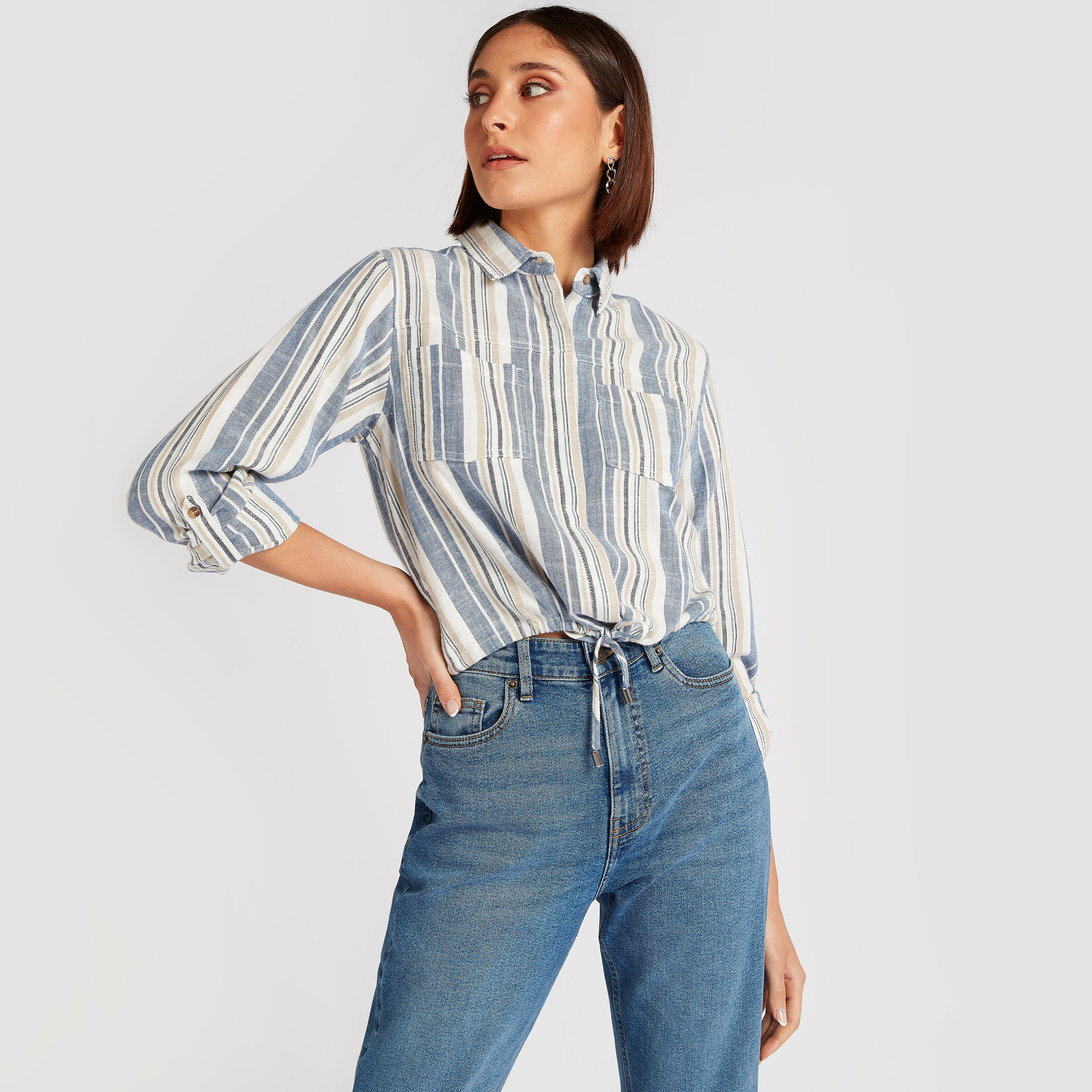 قميص مخطط بجيوب وأربطة من لي كوبر-women-clothing-shirtsandblouses-shirts-image-1