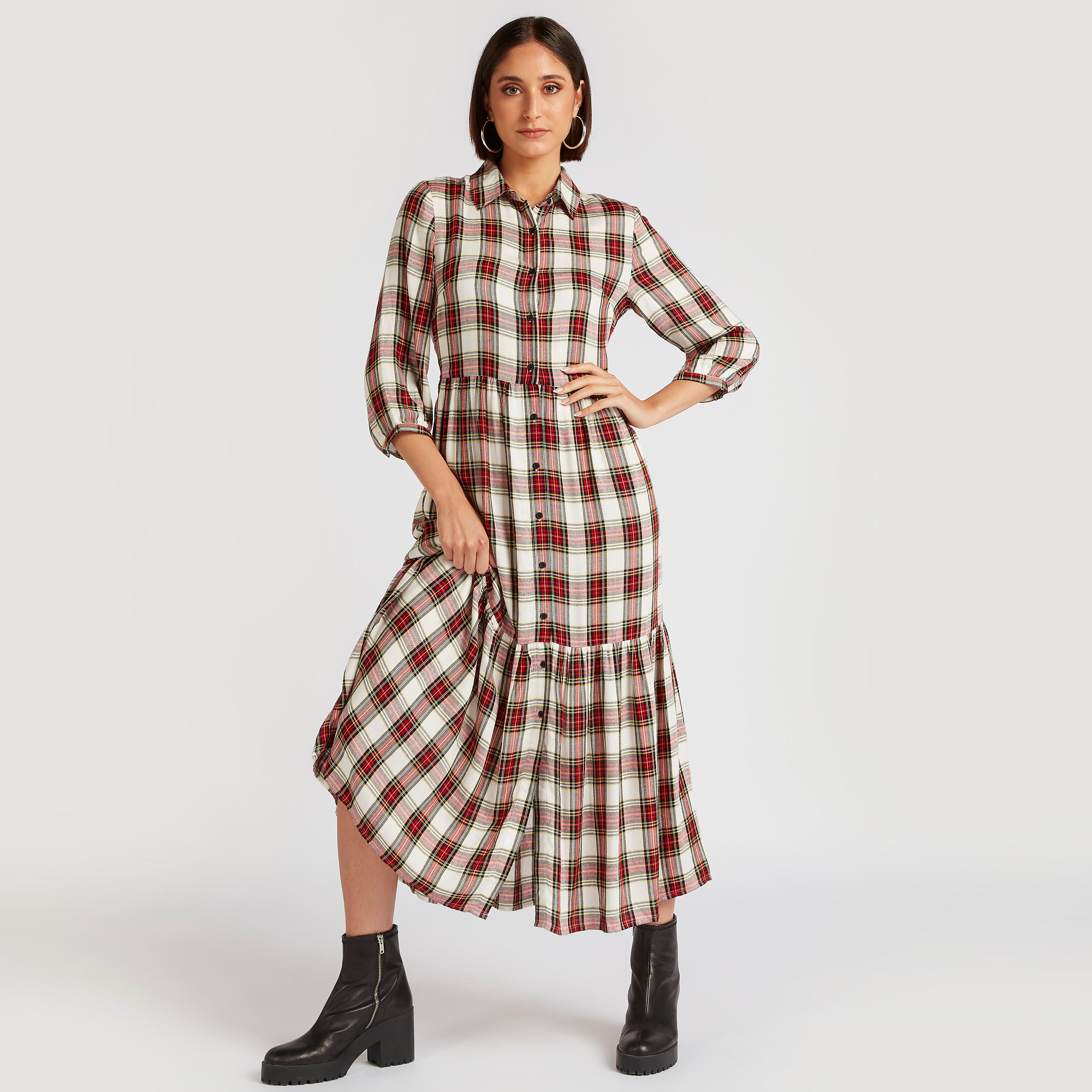 فستان قميص ميدي كاروهات بياقة عادية من لي كوبر-women-clothing-dresses-image-7