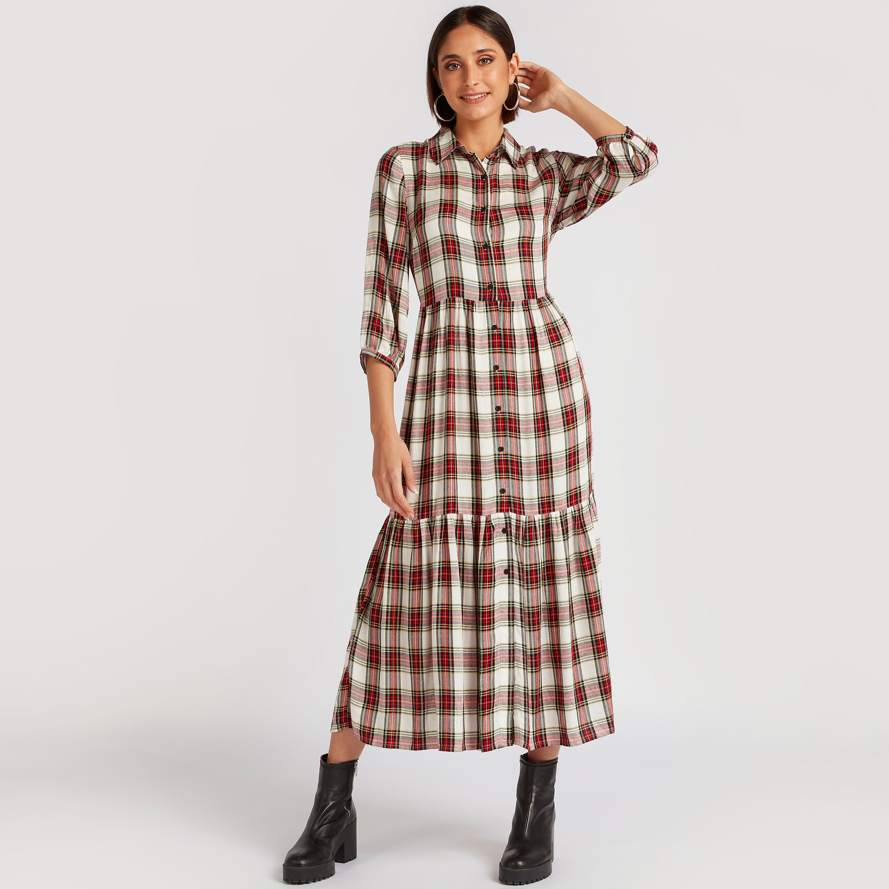 فستان قميص ميدي كاروهات بياقة عادية من لي كوبر-women-clothing-dresses-image-6