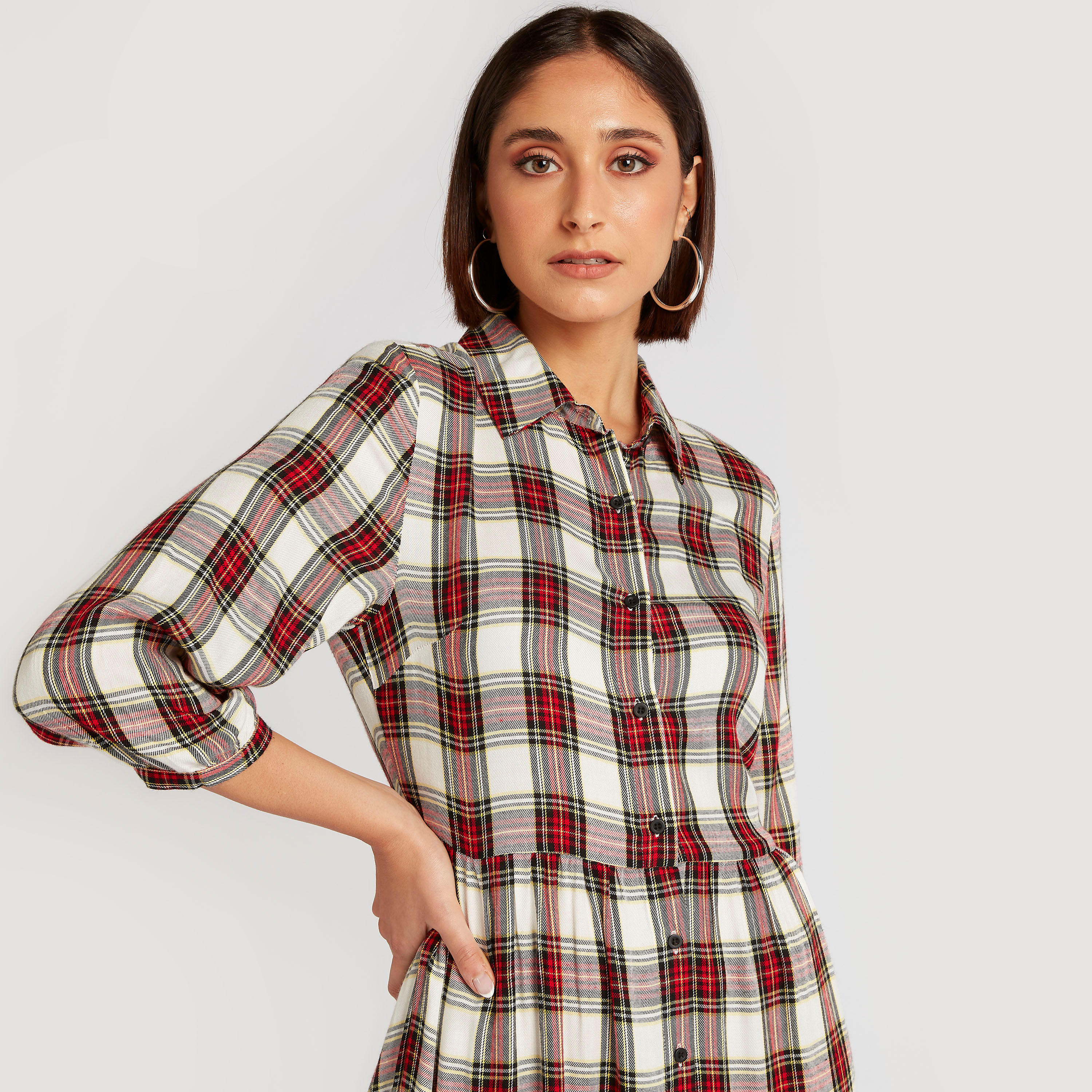 فستان قميص ميدي كاروهات بياقة عادية من لي كوبر-women-clothing-dresses-image-5