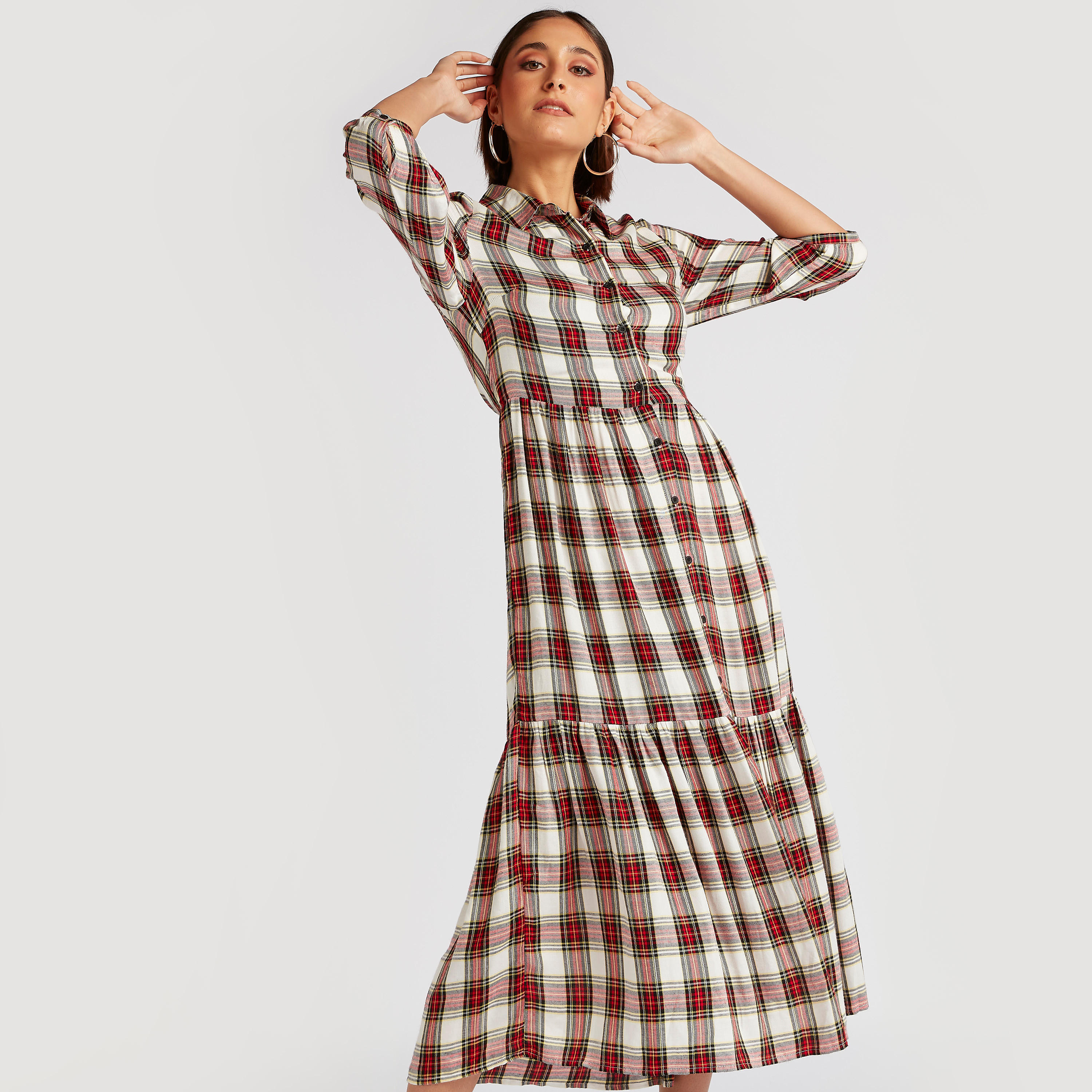 فستان قميص ميدي كاروهات بياقة عادية من لي كوبر-women-clothing-dresses-image-3