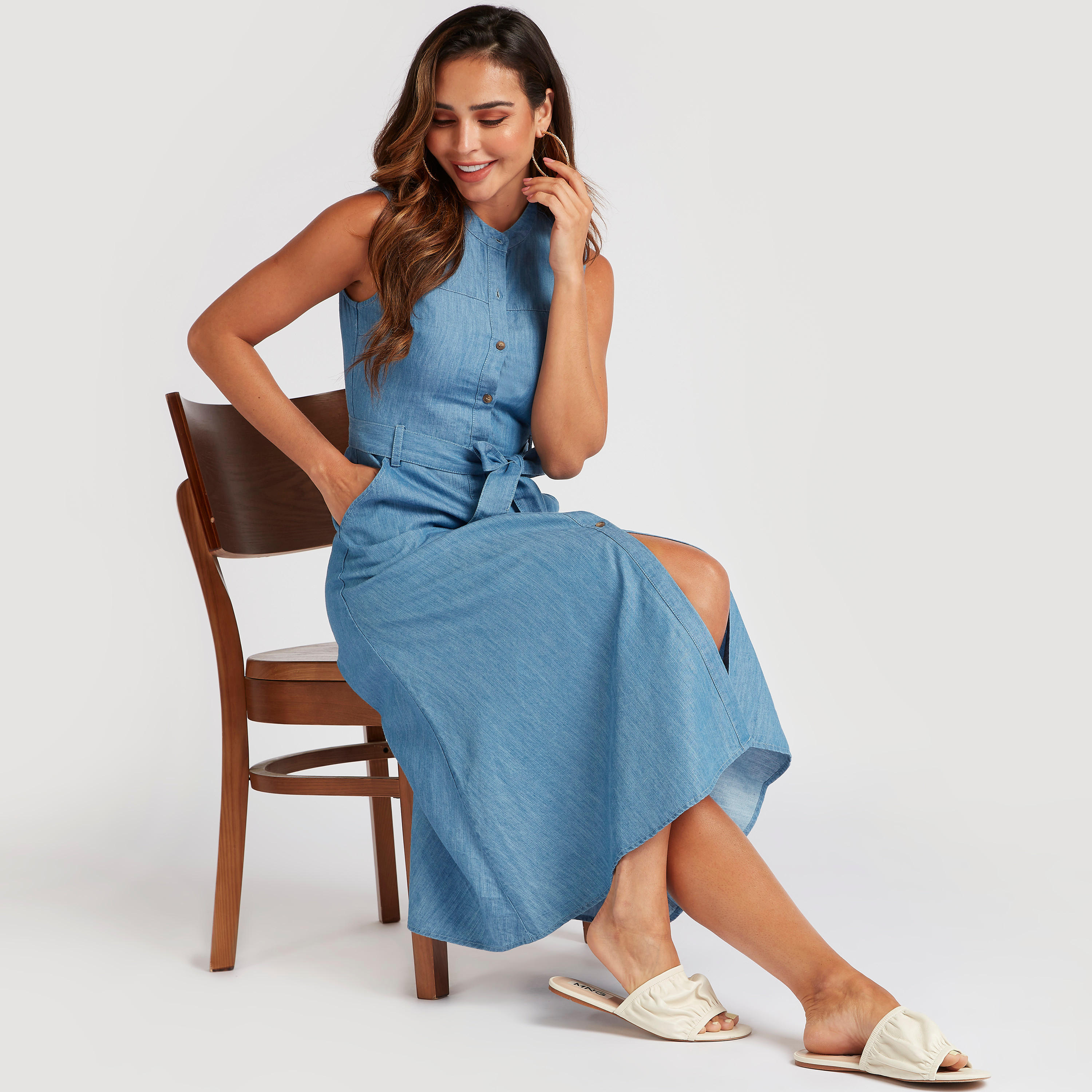 Lee Cooper Solid Midi Sleeveless Dress with Belt-women-clothing-dresses-image-1