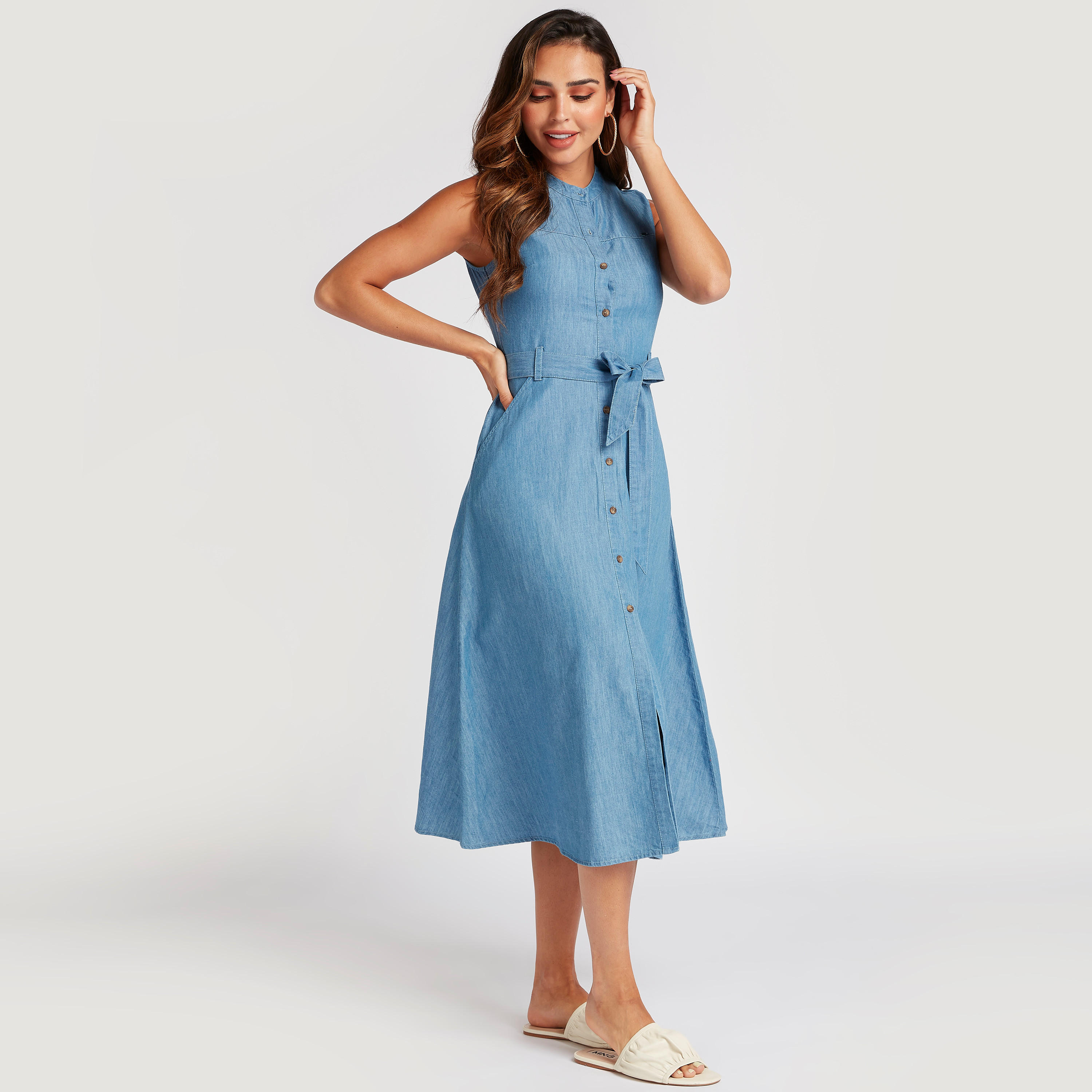 Lee Cooper Solid Midi Sleeveless Dress with Belt-women-clothing-dresses-image-2