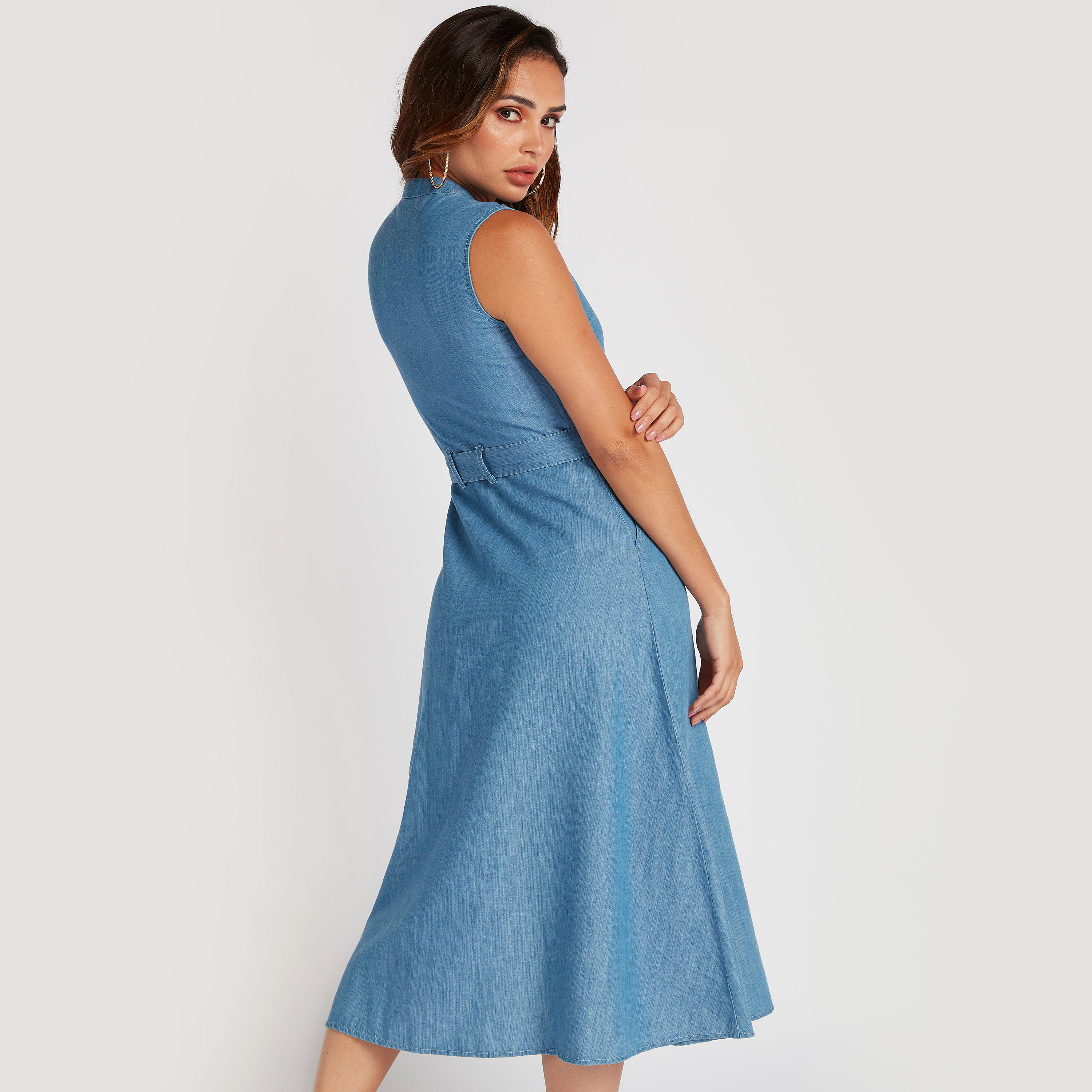 Lee Cooper Solid Midi Sleeveless Dress with Belt-women-clothing-dresses-image-4