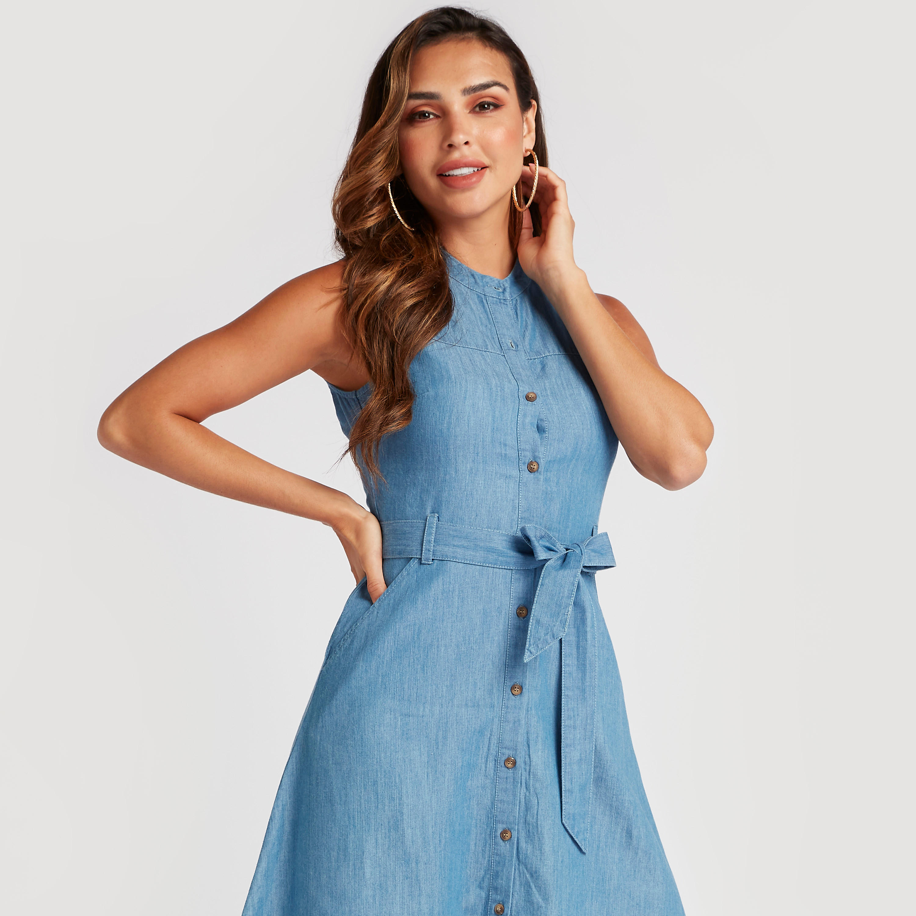 Lee Cooper Solid Midi Sleeveless Dress with Belt-women-clothing-dresses-image-5