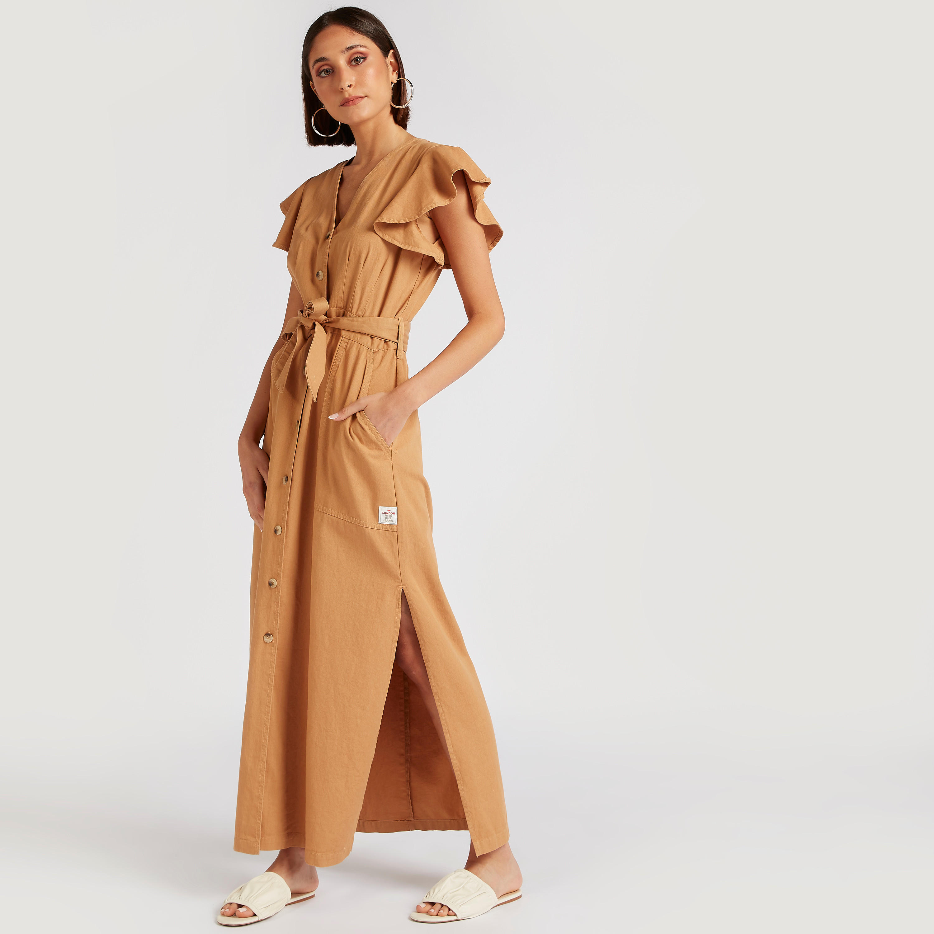 Lee Cooper Solid Maxi Shirt Dress with Tie-Up and Pockets-women-clothing-dresses-image-1
