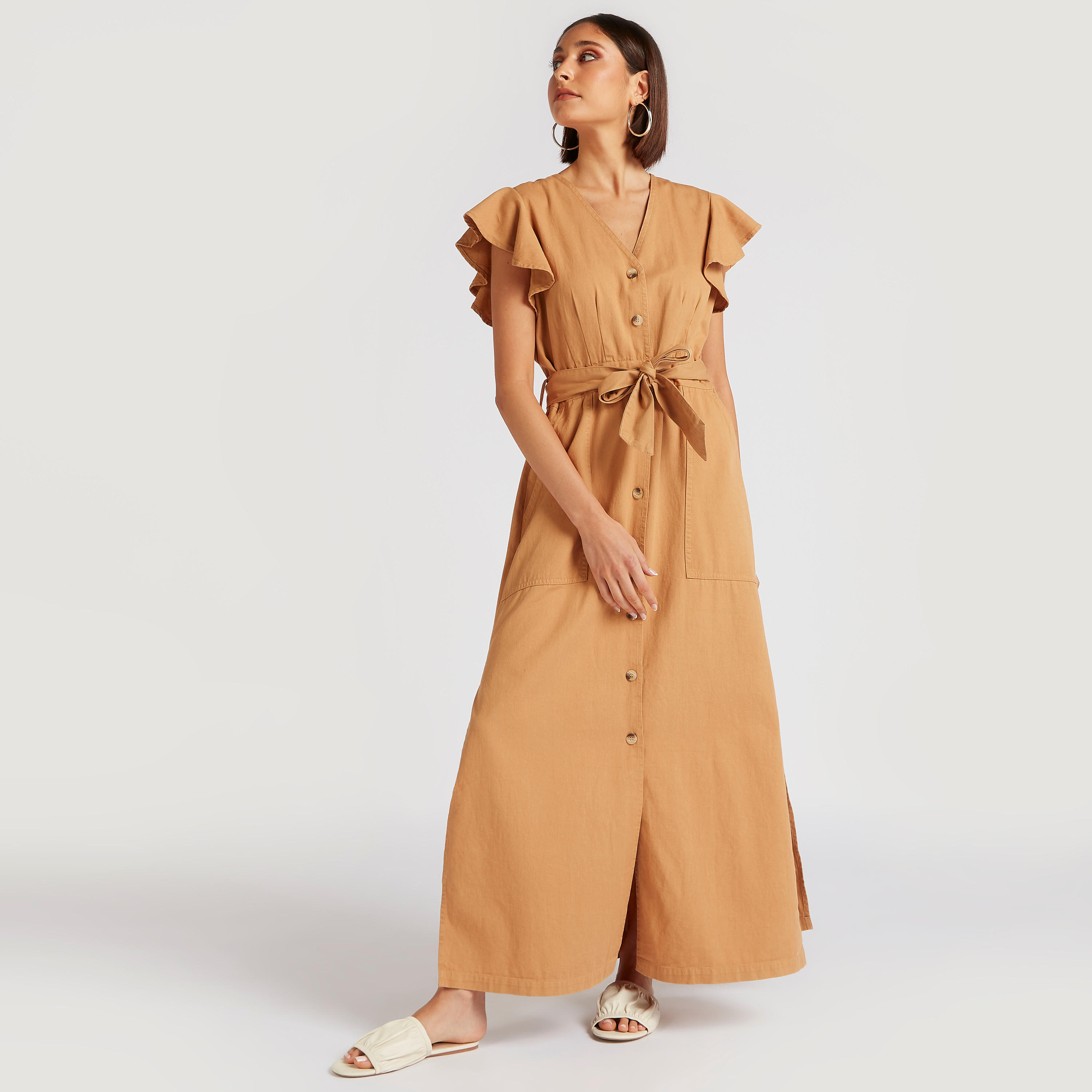 Lee Cooper Solid Maxi Shirt Dress with Tie-Up and Pockets-women-clothing-dresses-image-2