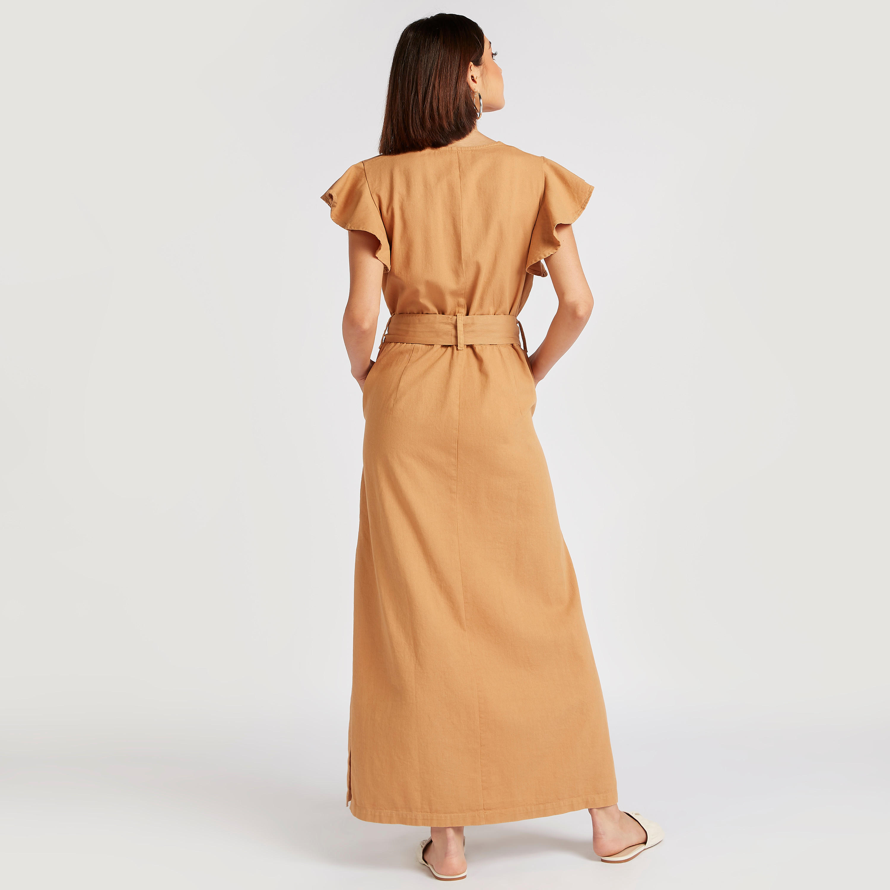Lee Cooper Solid Maxi Shirt Dress with Tie-Up and Pockets-women-clothing-dresses-image-4
