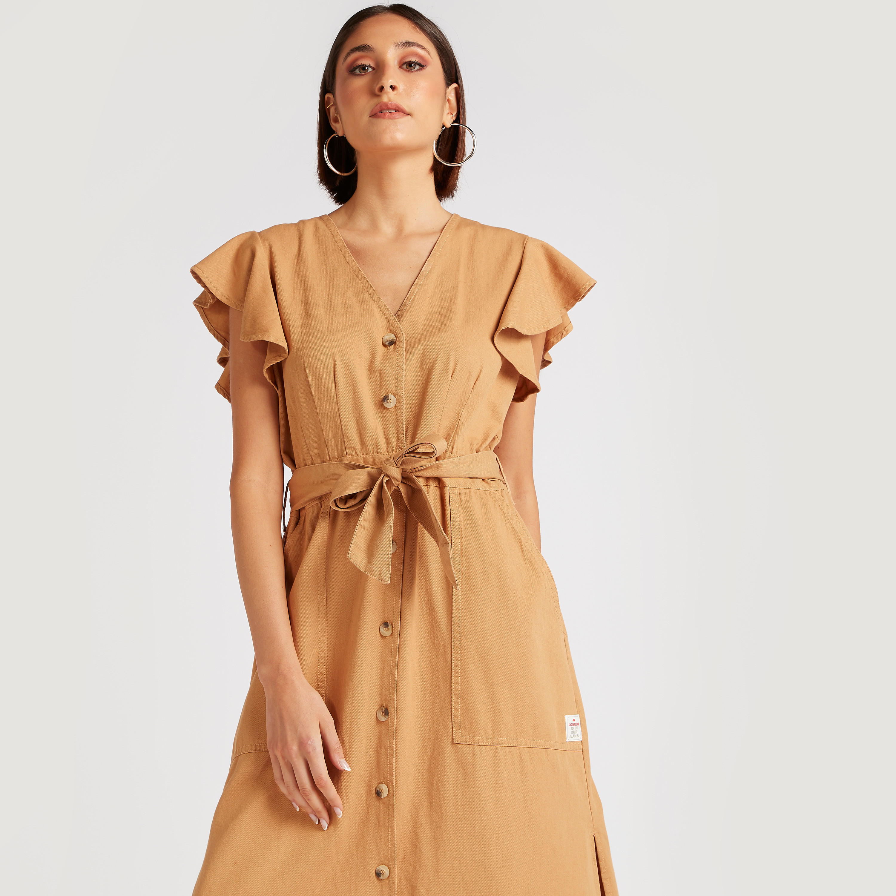 Lee Cooper Solid Maxi Shirt Dress with Tie-Up and Pockets-women-clothing-dresses-image-5
