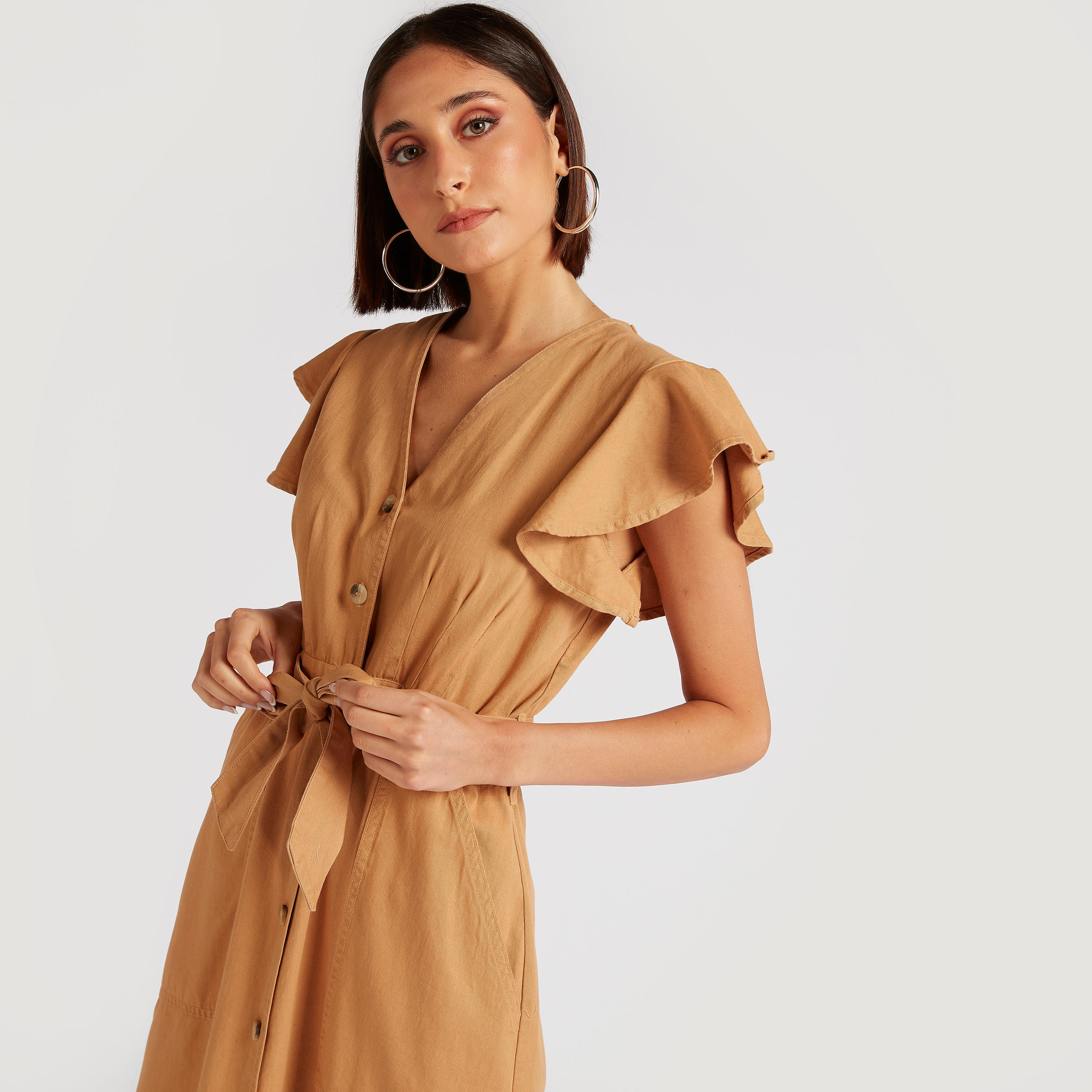 Lee Cooper Solid Maxi Shirt Dress with Tie-Up and Pockets-women-clothing-dresses-image-8