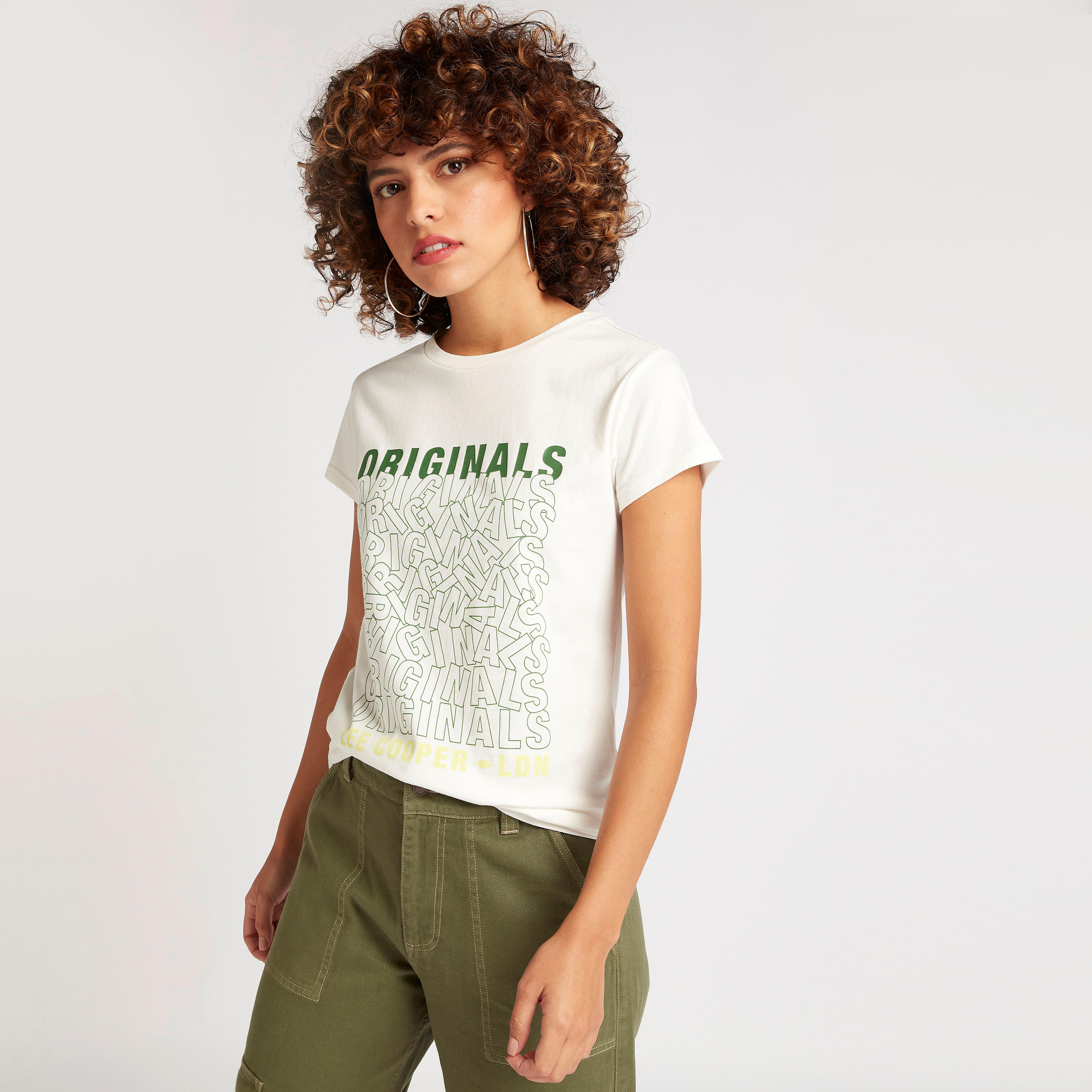 Lee Cooper Printed Crew Neck T-shirt with Cap Sleeves-women-clothing-tshirts-image-1
