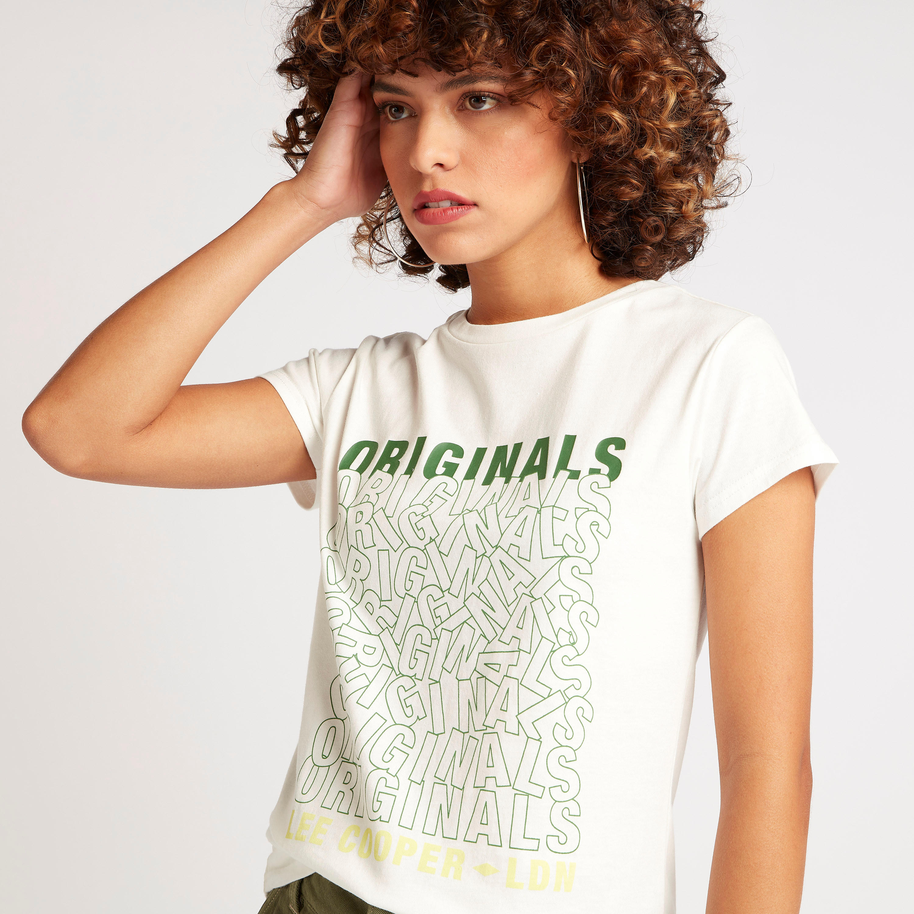 Lee Cooper Printed Crew Neck T-shirt with Cap Sleeves-women-clothing-tshirts-image-3