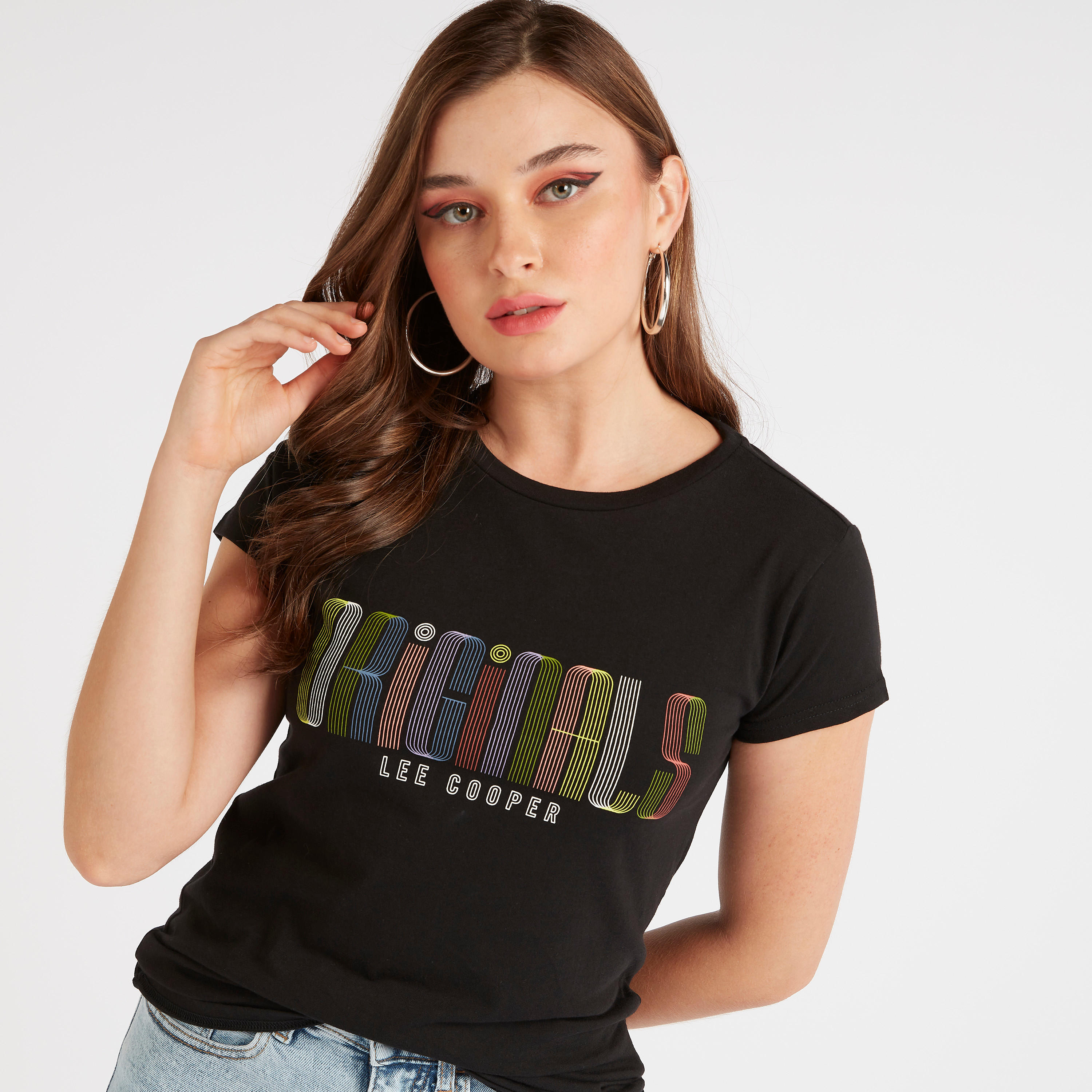 Lee Cooper Print Crew Neck T-shirt with Cap Sleeves-women-clothing-tshirts-image-1