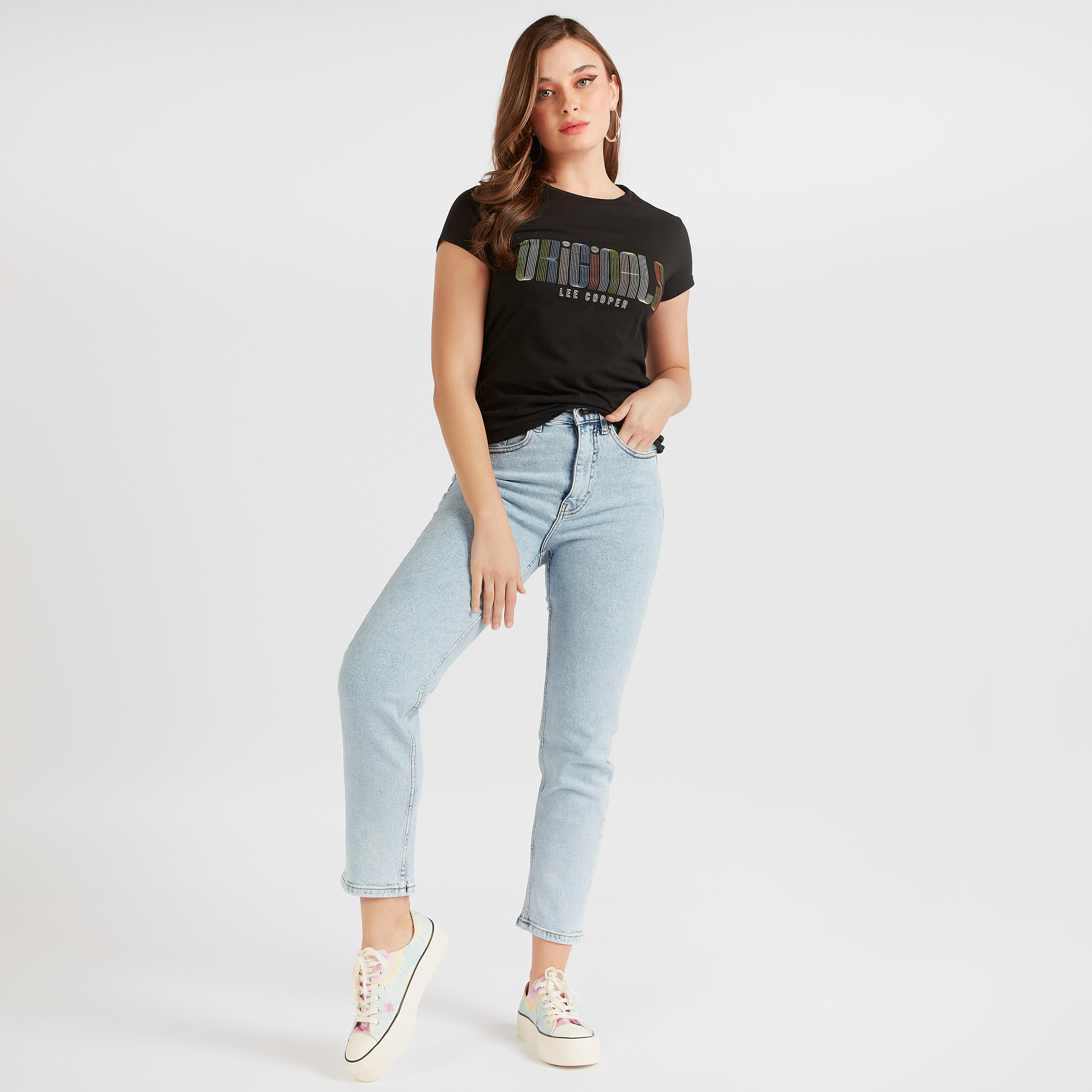 Lee Cooper Print Crew Neck T-shirt with Cap Sleeves-women-clothing-tshirts-image-2