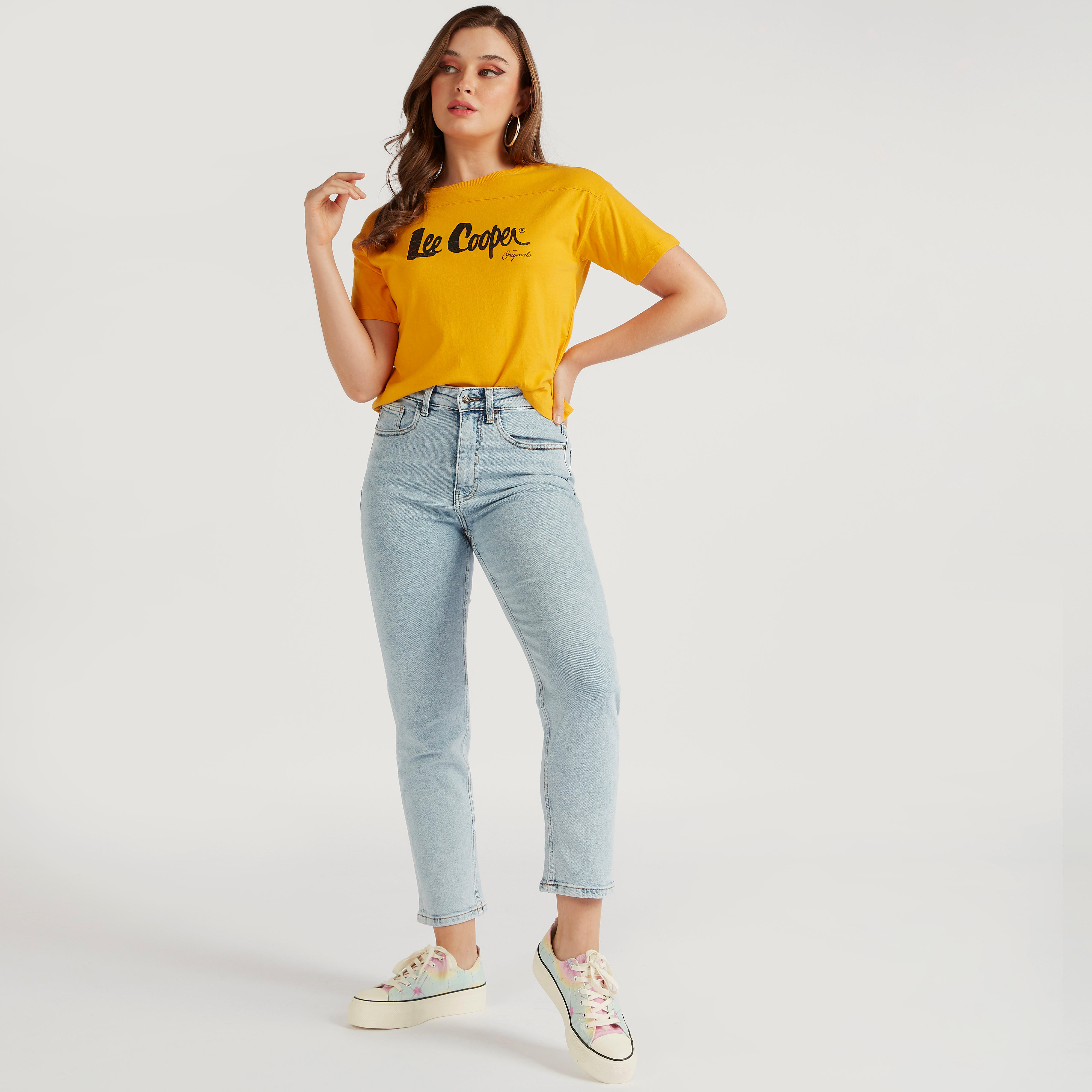 Lee Cooper Print Crew Neck T-shirt with Short Sleeves-women-clothing-tshirts-image-2