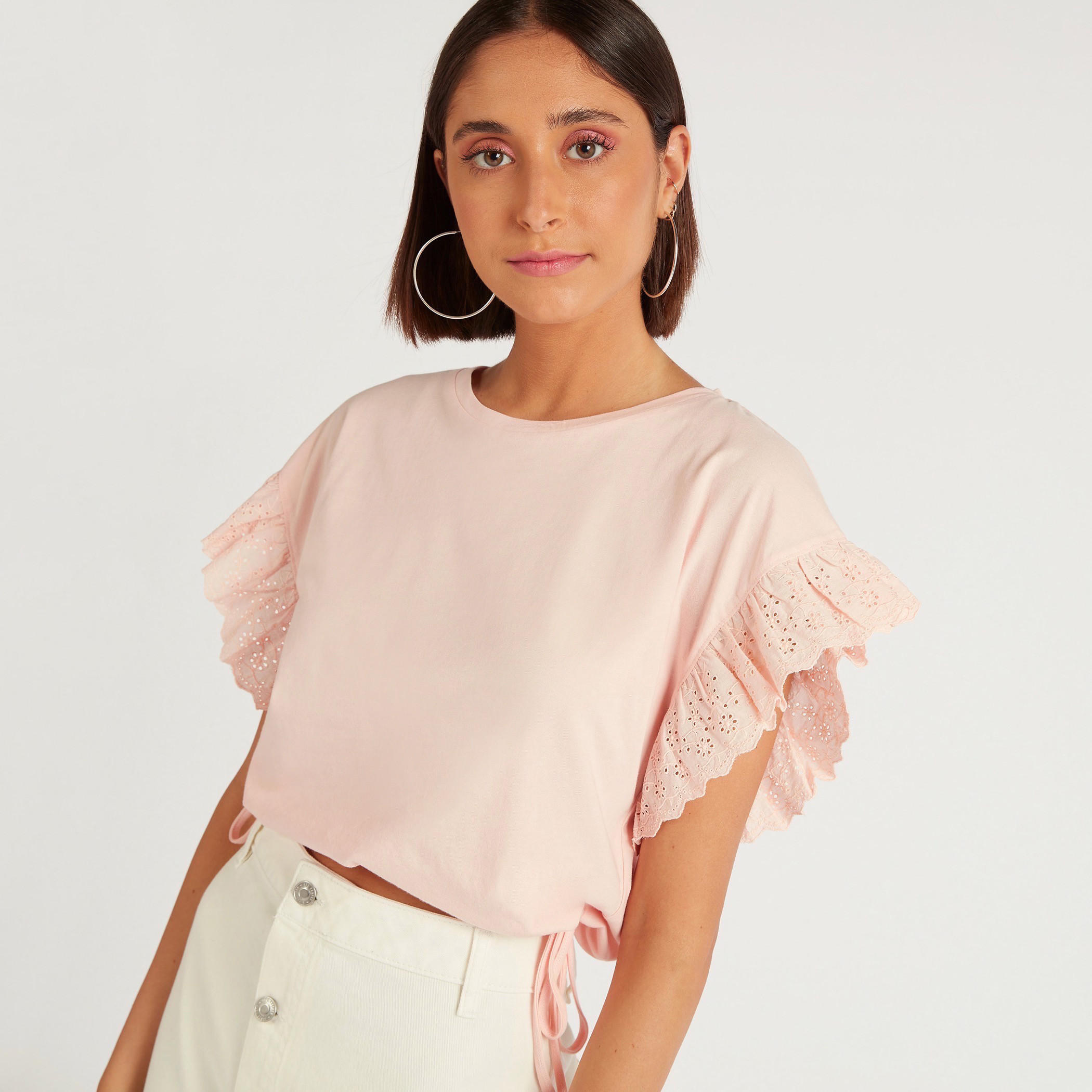 Lee Cooper Solid Crew Neck T-shirt with Flared Sleeves-women-clothing-tshirts-image-4