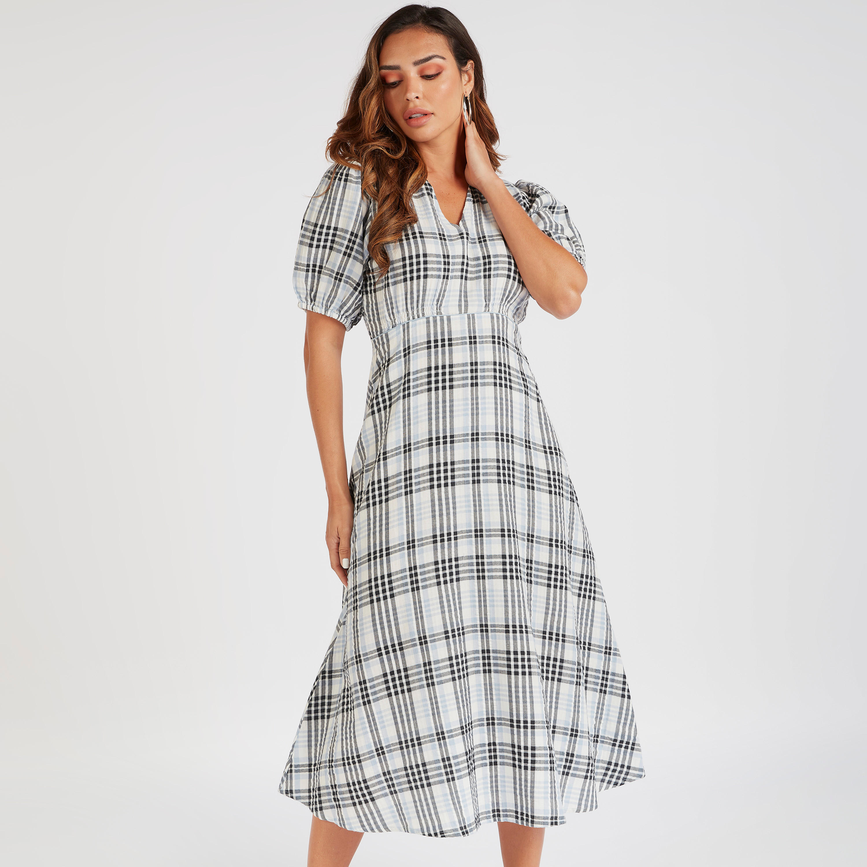 فستان ميدي إيه لاين كاروهات بأكمام قصيرة من لي كوبر-women-clothing-dresses-image-1