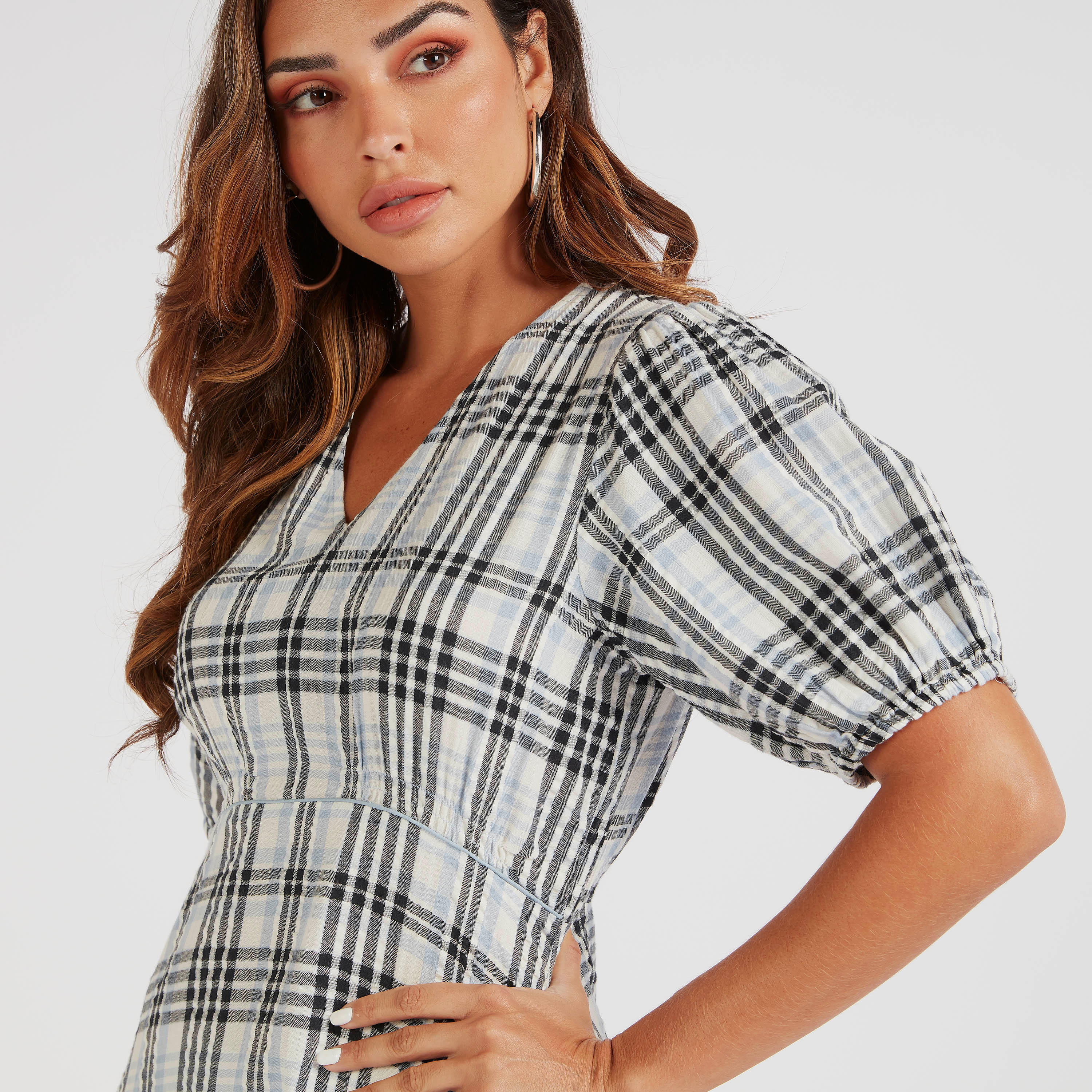 فستان ميدي إيه لاين كاروهات بأكمام قصيرة من لي كوبر-women-clothing-dresses-image-3