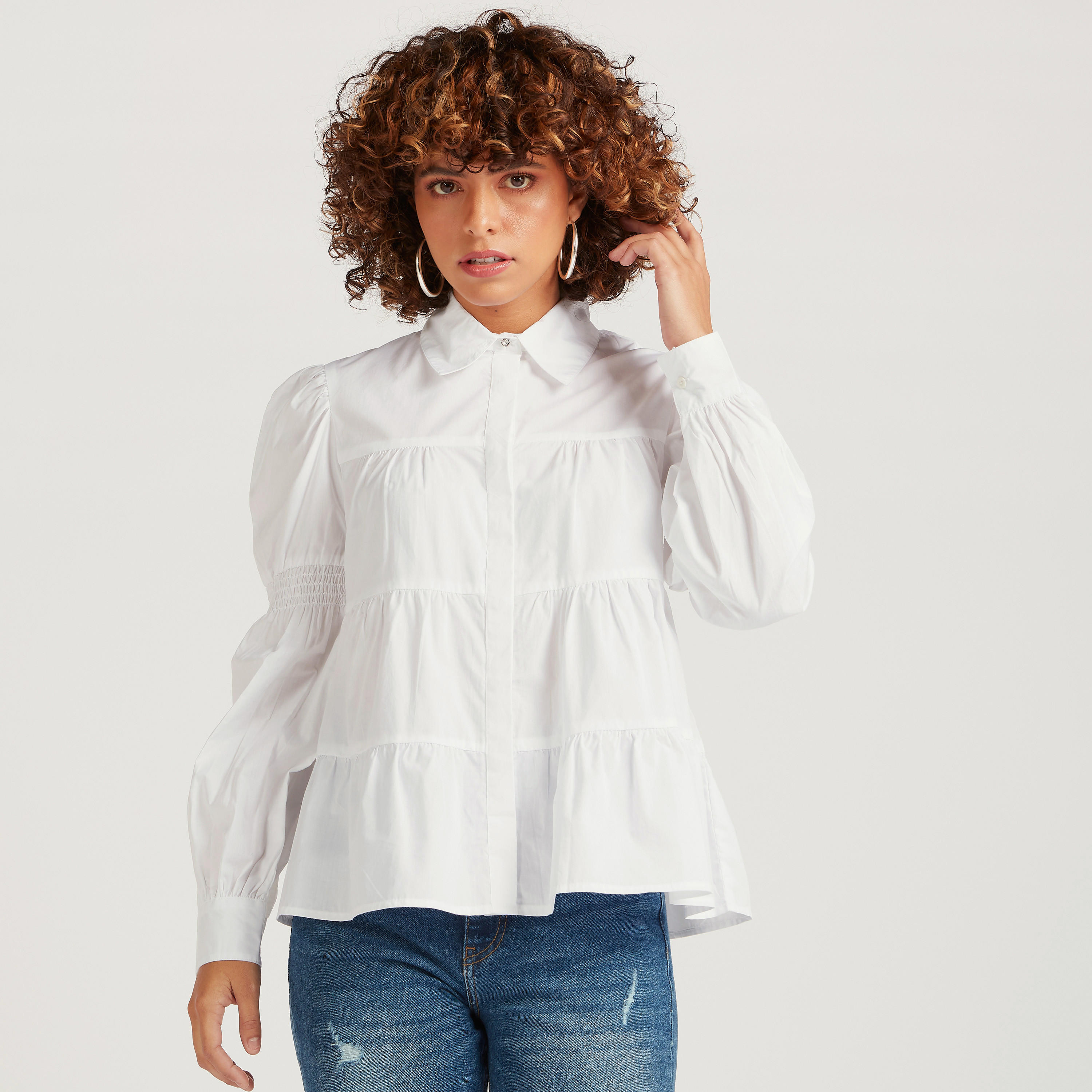 Collared Tiered Shirt with Long Sleeves-women-clothing-shirtsandblouses-shirts-image-1